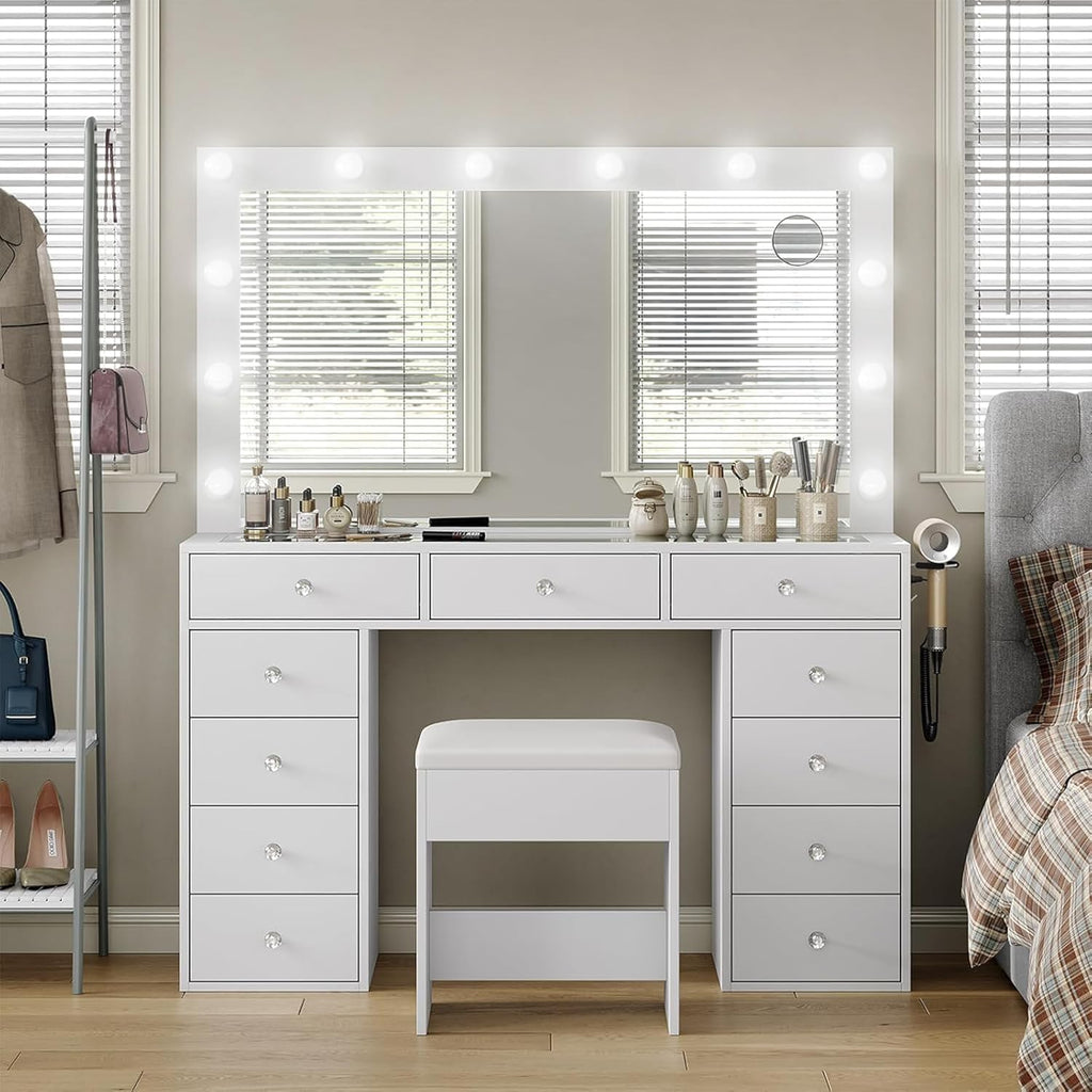 White Vanity Desk with Illuminated Mirror & Power Outlet, 11 Drawers Vanity Table with Chair, Makeup Vanity with 11 Hollywood Light Bulbs, Tempered Glass Top, Dressing Table for Bedroom,Dressing Room.