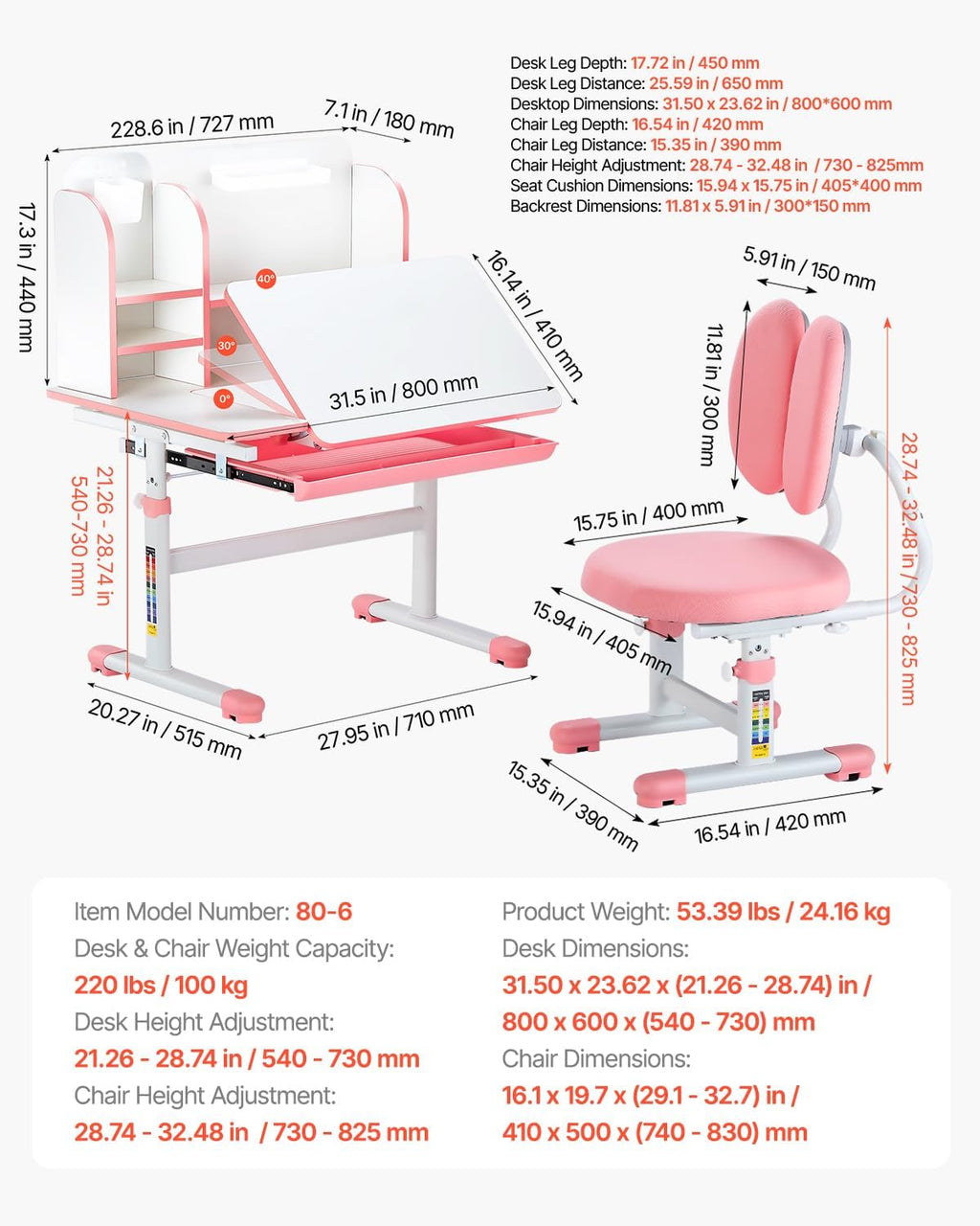 VEVOR Kids Study Chair and Desk Set, Study Desk and Chair for Kids with Bookshelf & Storage Drawer, Adjustable Height & 0-40° Tilted Desktop Desk and Chair, Study Table for Bedroom & Study Room, Pink