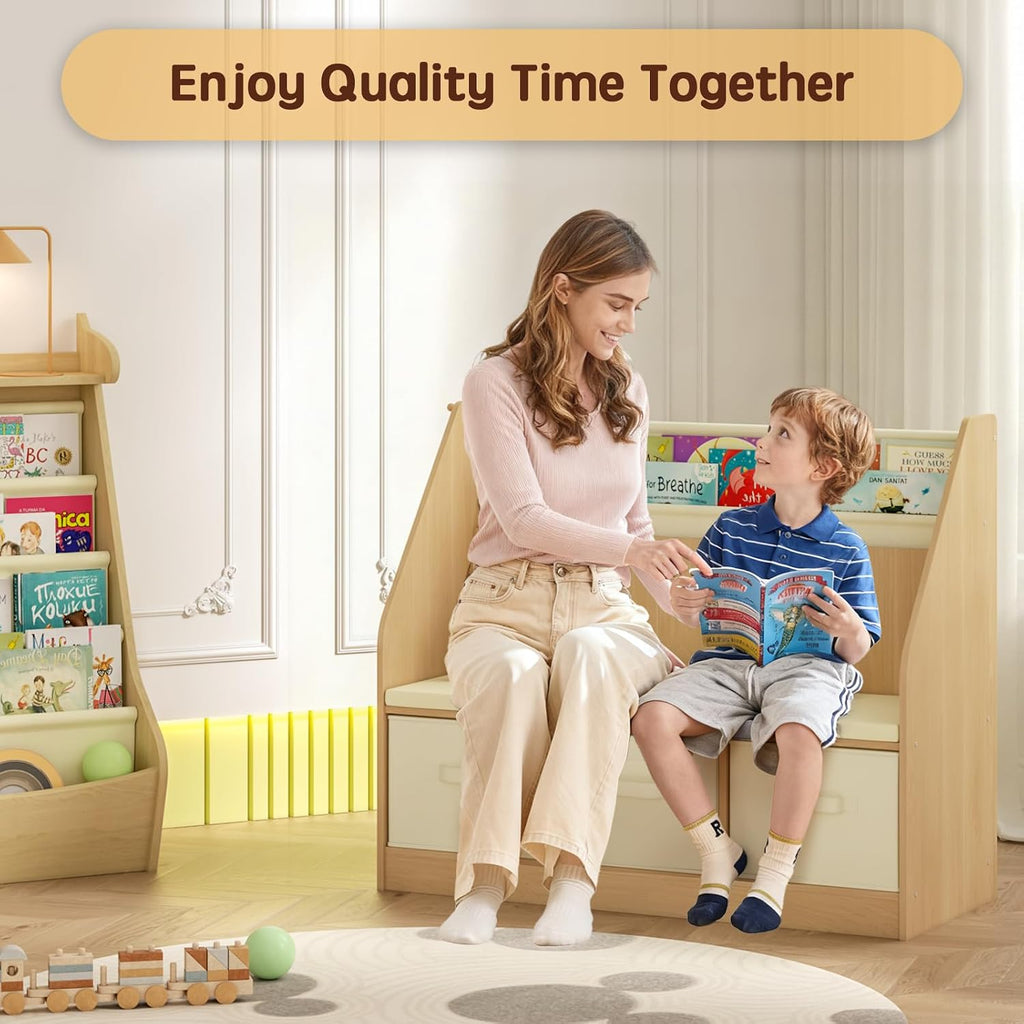 Kids Reading Nook and Storage Organizer - Large Book Storage with 3 Drawer Bench 3 Tier Book Sling, Bag Hook Perfect Book Nook for Ages 3-12 Chirstmas Gift