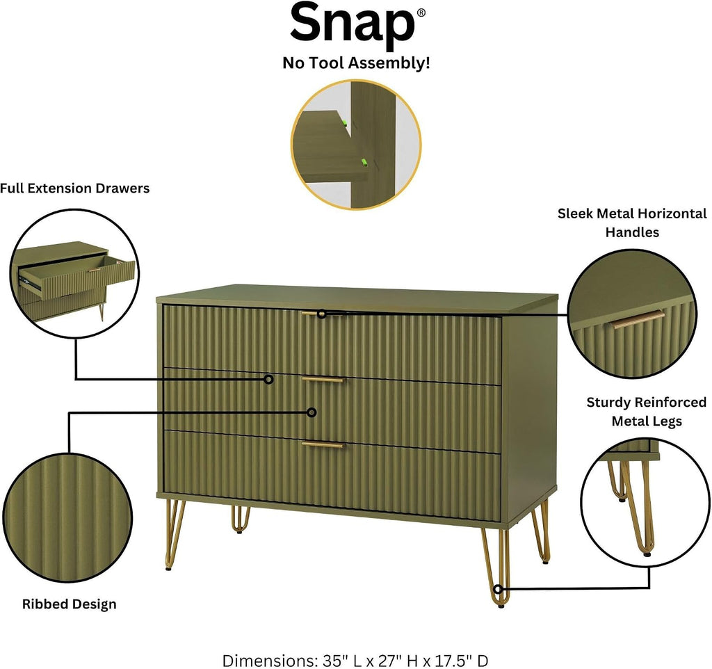 Manhattan Comfort Dumbo 2 Piece Dresser & Nightstand Set, Fluted Night Stand with Hairpin Gold Metal Legs & 3-Drawer Dresser, No Tool Assembly, Storage Cabinet for Bedroom, Living Room in Olive Green