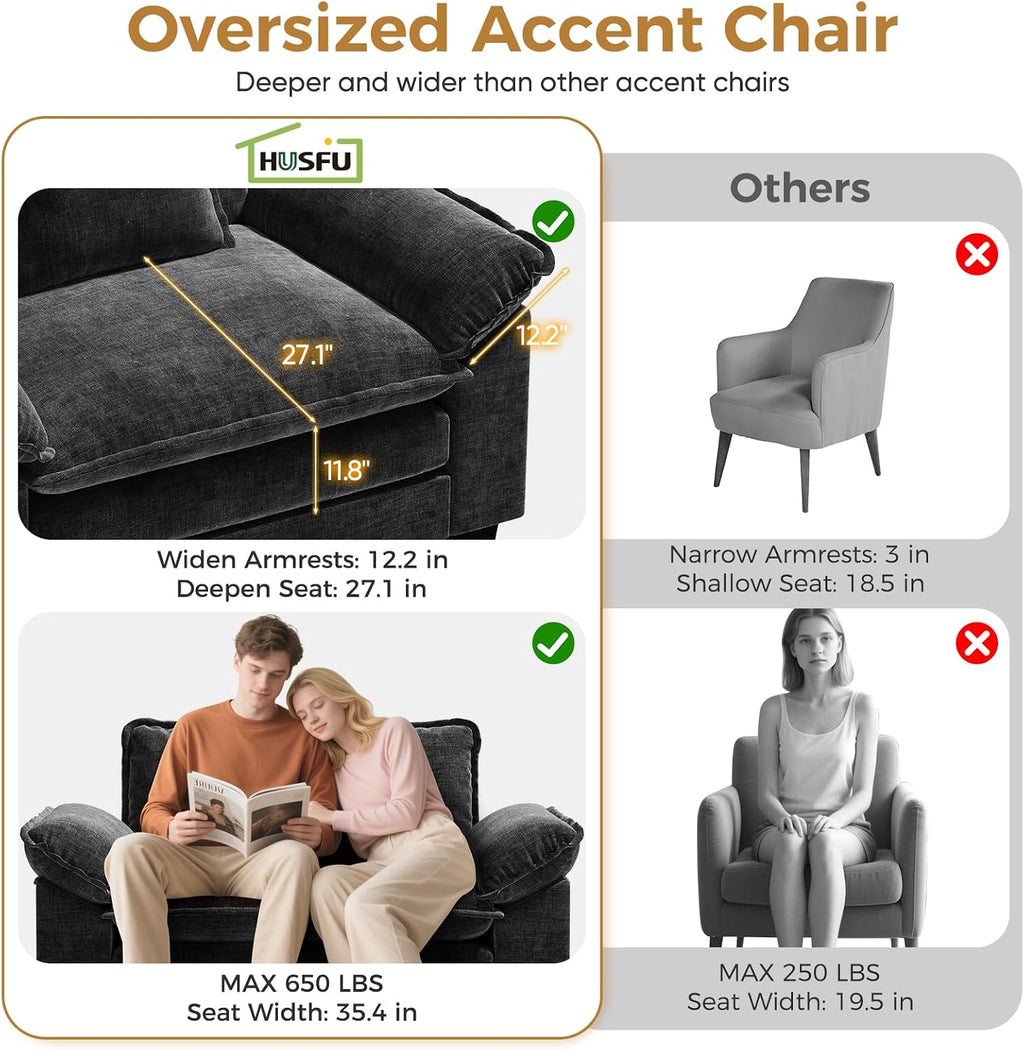 HUSFU Oversized Accent Chair with Ottoman, Chenille Cloud Couch Chair with Deep Seat and Extra Wide Armrests, Comfy Reading Armchair for Bedroom, Living Room, Set of 2, Black