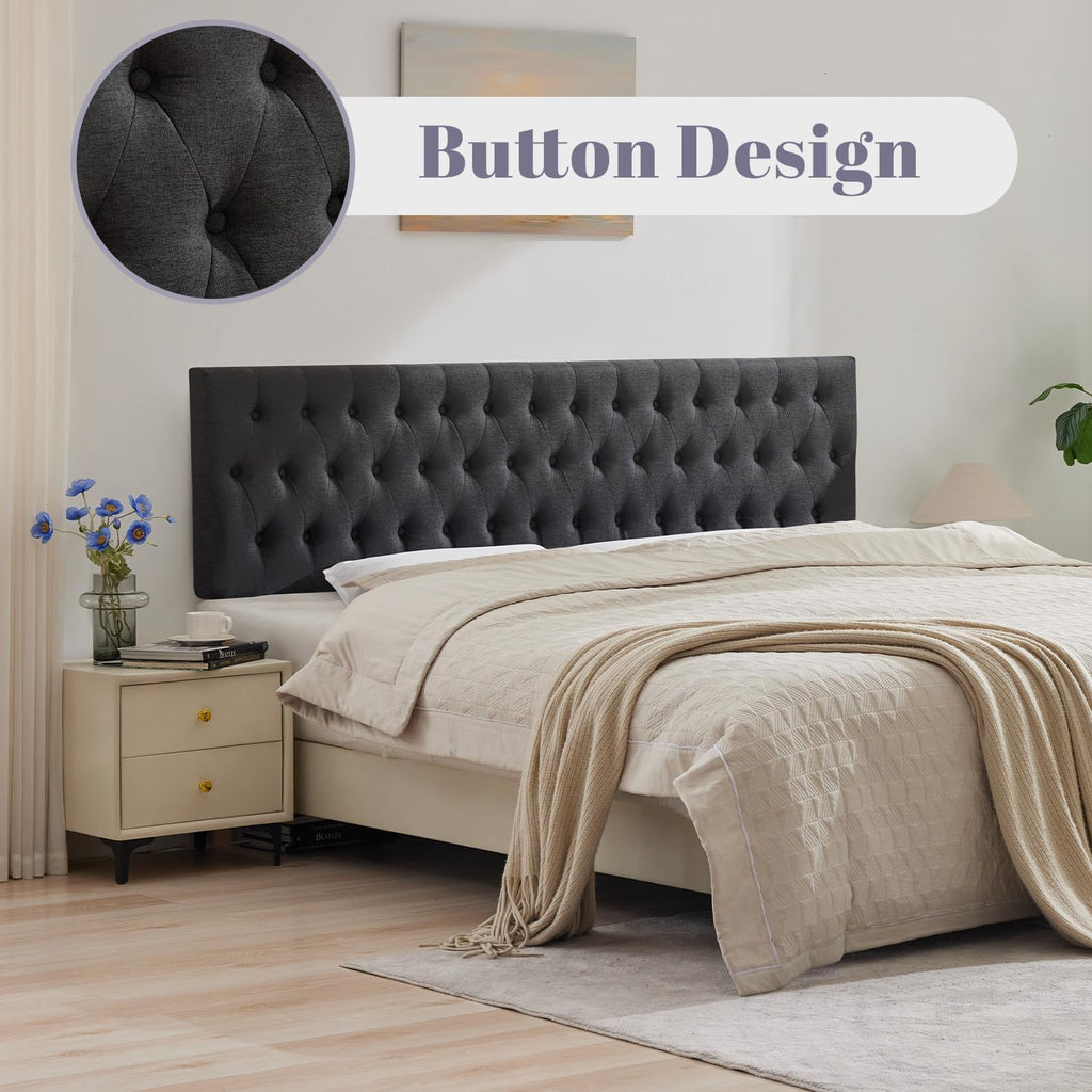 Kingfun Tufted Upholstered King Size Bed Headboard in Modern Button Design, Adjustable Solid Wood Head Board, Premium Linen Fabric Padded Headboards in Bedroom (Dark Grey)