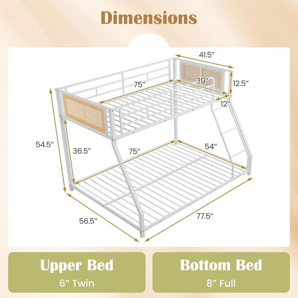 Giantex Twin Over Full Metal Bunk Bed, Boho Rattan Floor Bunkbeds with Ladder & Full-length Guardrails, Heavy Duty Metal Slats Support Bed Frame for Teens, Adults, Guests, No Box Spring Needed (White)