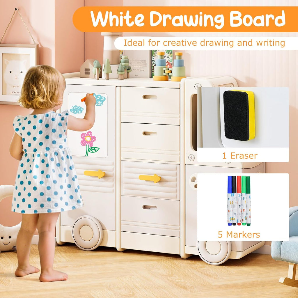 Costzon Kids Toy Storage Organizer, Toy Shelf w/ 4 Pull-Out Drawers, Enclosed Cabinets & Drawing Board, Car-Shaped Kids Bookshelf for Playroom, Toddler Room, Classroom & Nursery