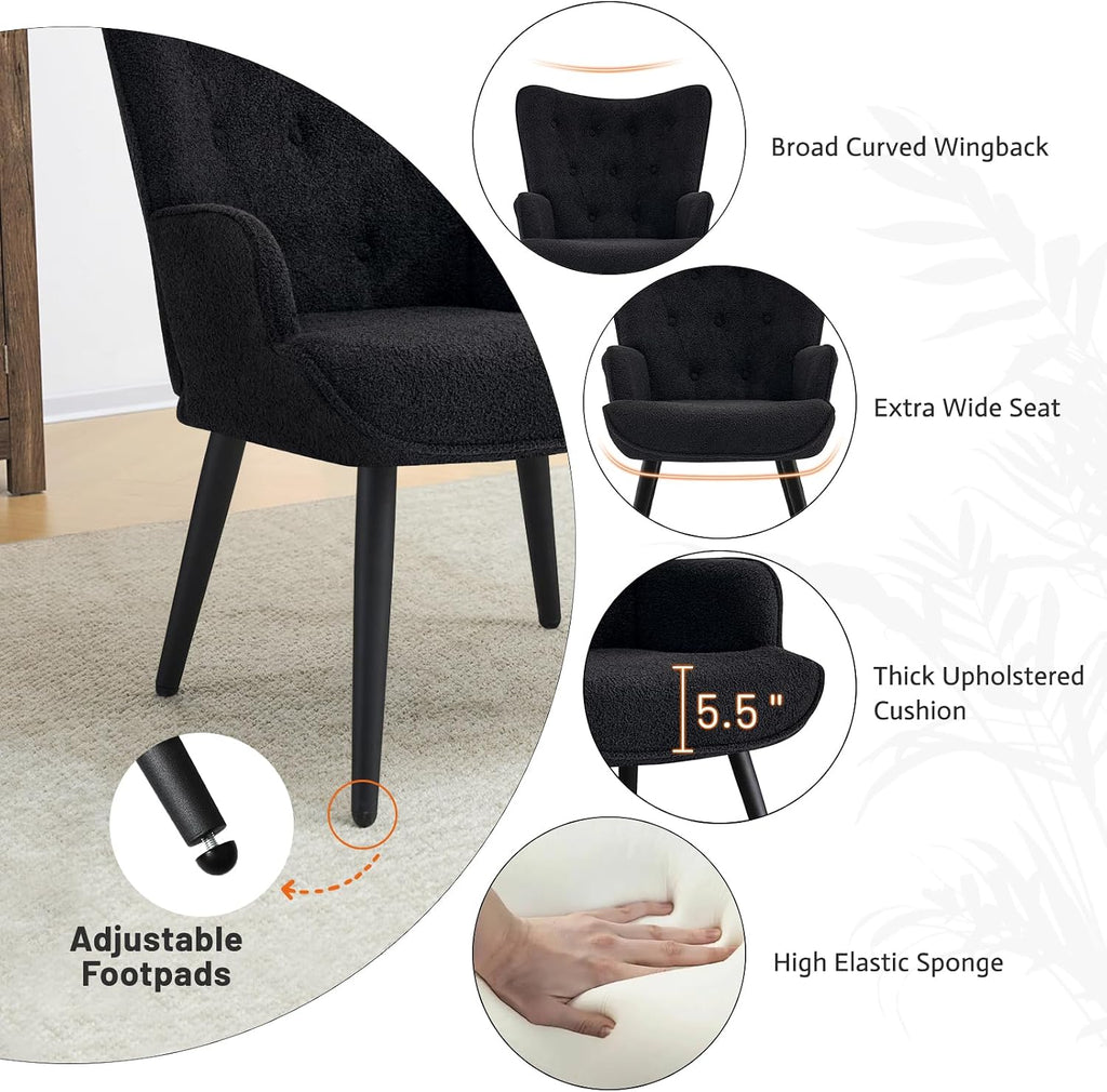 Furniliving Boucle Accent Chair for Living Room, Upholstered Reading Chair with High Backrest, Tufted-Button Wingback Armchair for Bedroom, Dressing Room, Home Office, Black, Set of 2