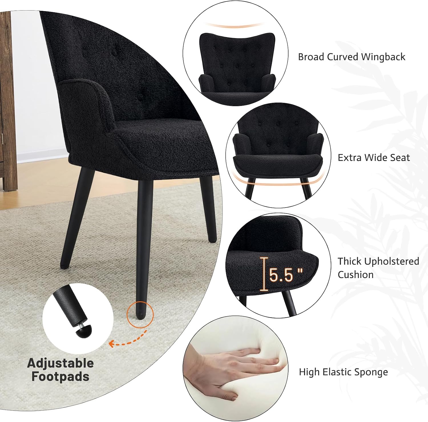 Furniliving Boucle Accent Chair for Living Room, Upholstered Reading Chair with High Backrest, Tufted-Button Wingback Armchair for Bedroom, Dressing Room, Home Office, Black, Set of 2