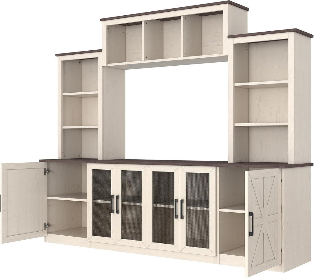 Entertainment Center Wall Unit with Storage for TVs Up to 55', Farmhouse TV Stand with Bookcase and Storage Cabinets, TV Stand Media Console for Living Room, Beige