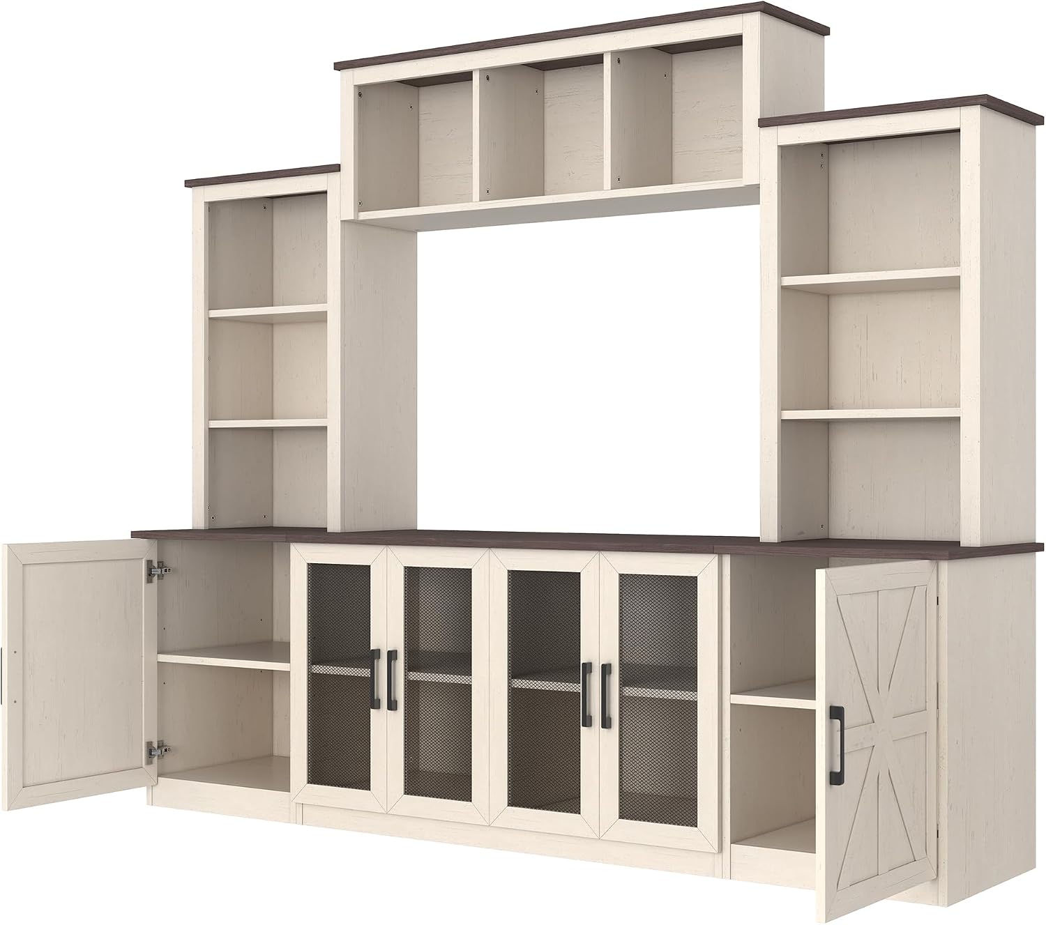 Entertainment Center Wall Unit with Storage for TVs Up to 55', Farmhouse TV Stand with Bookcase and Storage Cabinets, TV Stand Media Console for Living Room, Beige