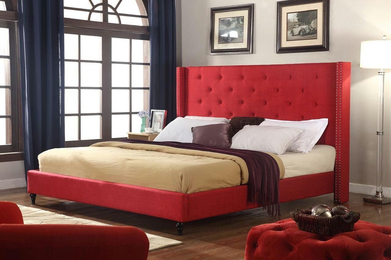 Home Life Premiere Classics Cloth Burgundy Red Linen 51' Tall Headboard Platform Bed with Slats Full - Complete Bed 5 Year Warranty Included 007