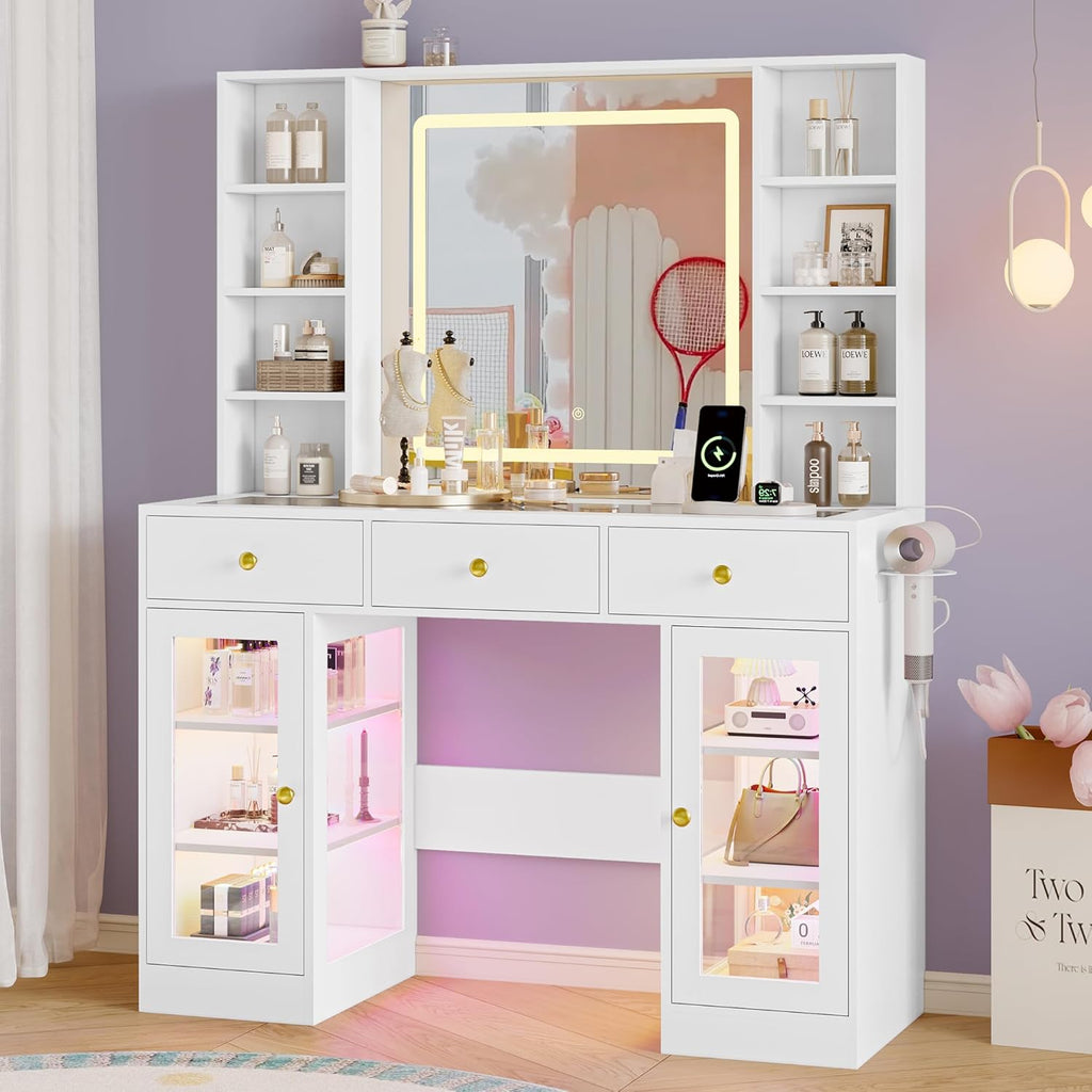 Makeup Vanity Desk with Mirror and Lights, 43' White Vanity with Glass Top, Jewelry Storage, 3 Drawers & Glass Cabinets, Power Outlet & Adjustable LED Lights, Dressing Table for Women & Girls Bedroom