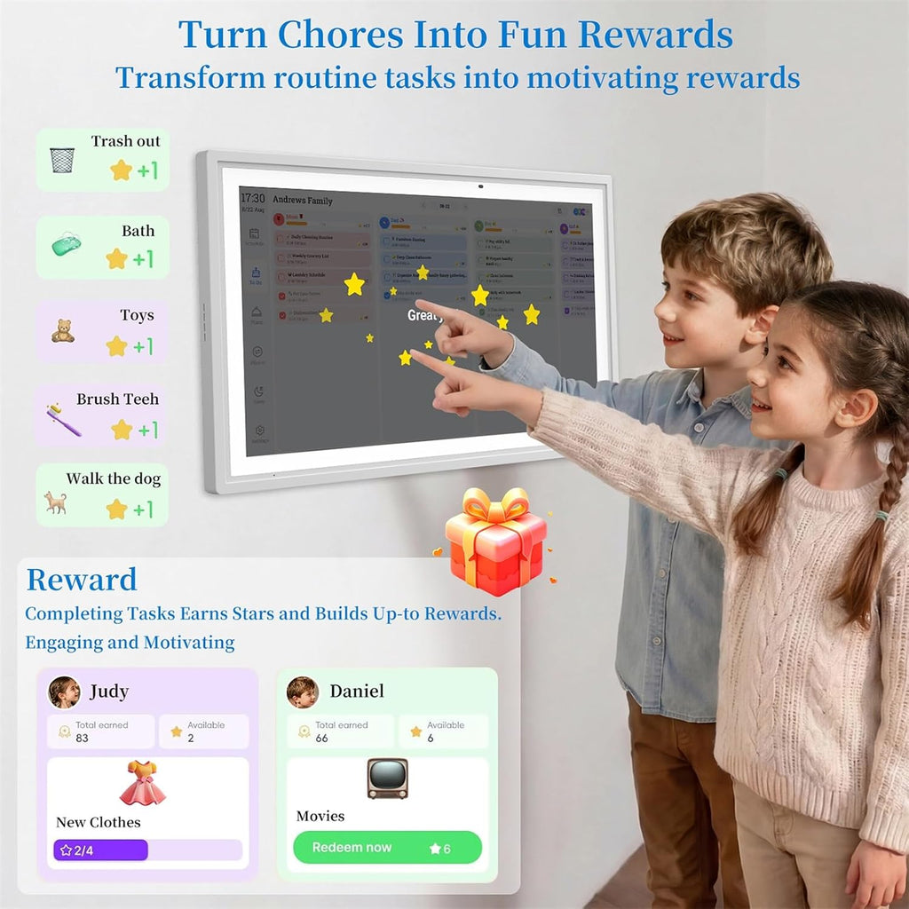 15.6 Inch Digital Calendar, Smart Touchscreen Electronic Wall Calendar & Chore Chart, No Subscription Family Planner with Google/Outlook/iCloud Sync, Meal Planner, Photo Display, Wall & Desk Mountable