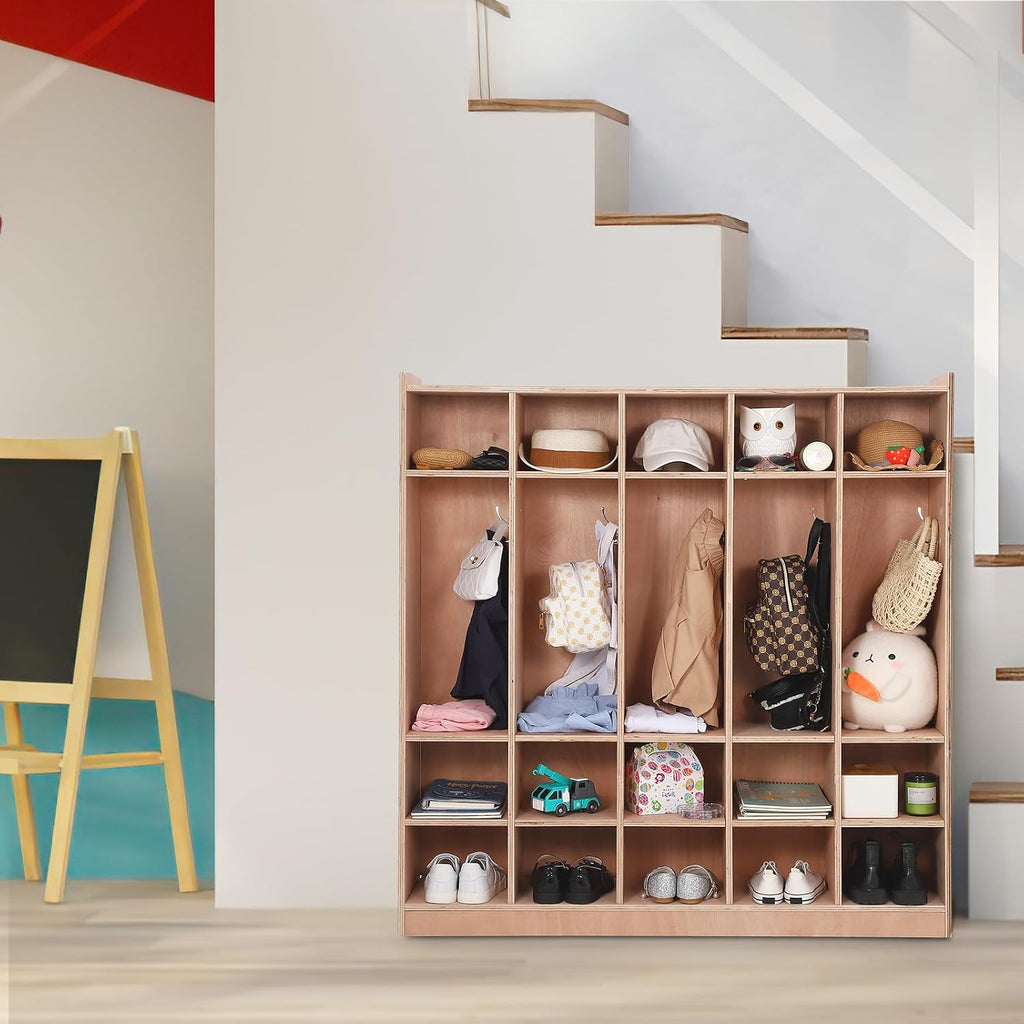 Garvee 5-Section Classroom Coat Locker, 15 Cubbies for Classrooms with Anti-tip Anchors, Daycare Cubby with 4 casters, 5 Hooks and 2 Storage Boxes, for Home/School/Kindergarten