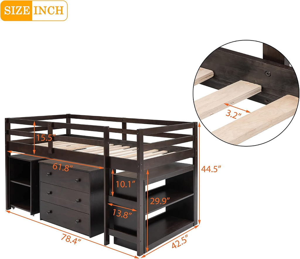Twin Size Low Loft Bed with Rolling Portable Desk, Wooden Loft Bed with Cabinet/Bookshelf/Drawers/Open Shelves for Kids Teens Adults, No Box Spring Required (Espresso-Twin-Rolling Portable Desk)
