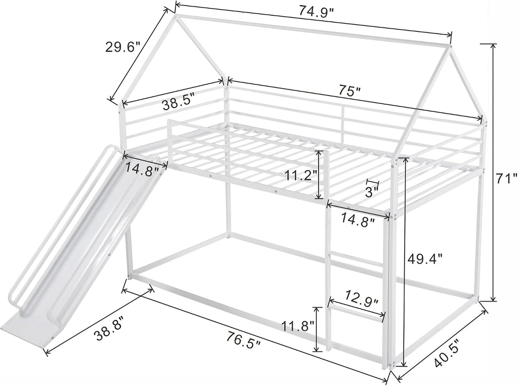 Metal Twin Size House Bed with Roof and Slats Support,Playhouse Design Montessori Floor Bed Frame W/Headboard & Footboard,No Box Spring Needed,for Kids Girls Boys,White
