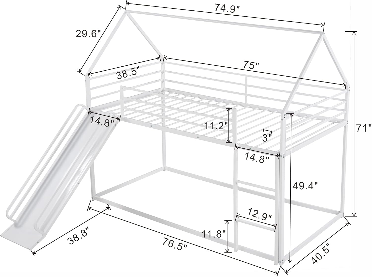 Metal Twin Size House Bed with Roof and Slats Support,Playhouse Design Montessori Floor Bed Frame W/Headboard & Footboard,No Box Spring Needed,for Kids Girls Boys,White