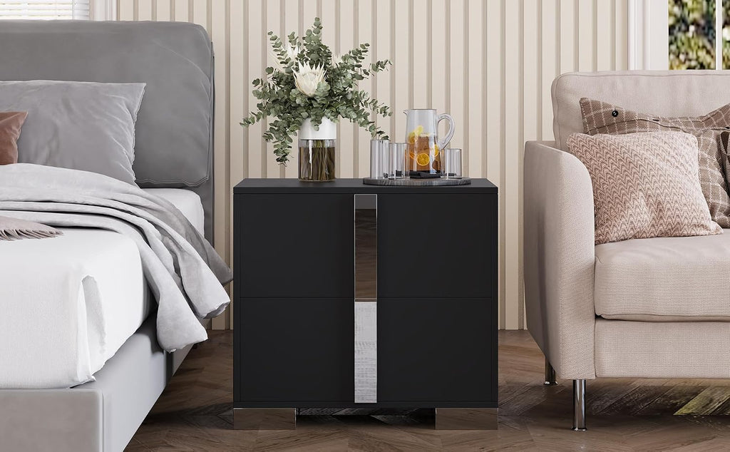 Henf Modern Black Nightstand Set of 2 for Bedroom, Elegant 2 Drawer Nightstand with Silver Mirrored Handle and Base, Wood End Table Sofa Side Table for Small Place Living Room Bedroom (Black)