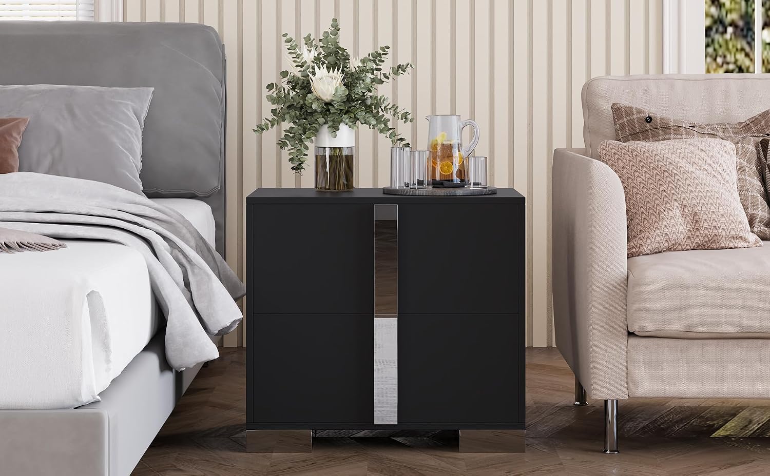 Henf Modern Black Nightstand Set of 2 for Bedroom, Elegant 2 Drawer Nightstand with Silver Mirrored Handle and Base, Wood End Table Sofa Side Table for Small Place Living Room Bedroom (Black)