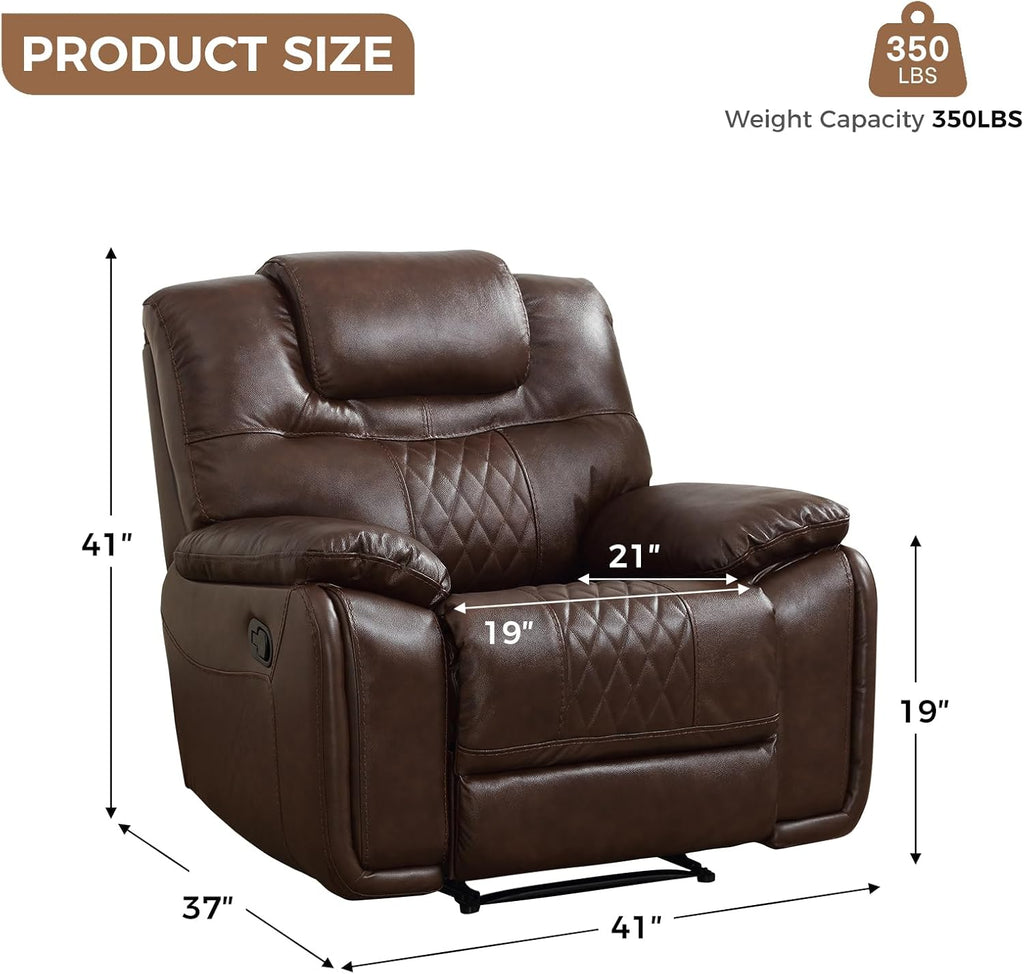 EBELLO Genuine Leather Recliner Chair, Manual Overstuffed Reclining Sofa for Adults with Comfortable Armrest and Backrest, Single Couch for Living Room, Dark Brown