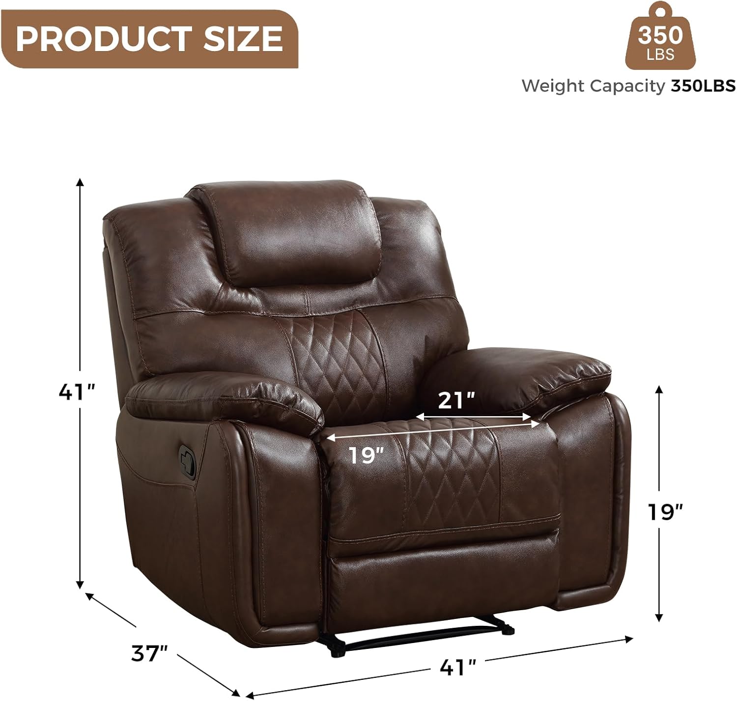 EBELLO Genuine Leather Recliner Chair, Manual Overstuffed Reclining Sofa for Adults with Comfortable Armrest and Backrest, Single Couch for Living Room, Dark Brown