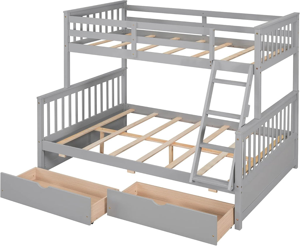 Twin Over Full Bunk Bed with Two Storage Drawers, Solid Wood Bunk Bed Frame Can be Converted Into 2 Separate Beds, Bedroom Furniture Bunk Bed with Ladders for Kids Teens Adults (Gray)