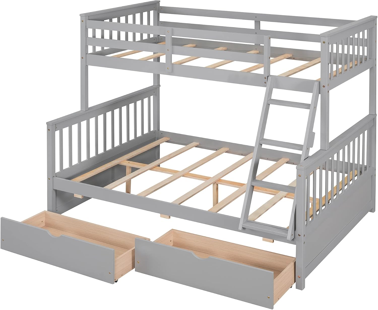 Twin Over Full Bunk Bed with Two Storage Drawers, Solid Wood Bunk Bed Frame Can be Converted Into 2 Separate Beds, Bedroom Furniture Bunk Bed with Ladders for Kids Teens Adults (Gray)