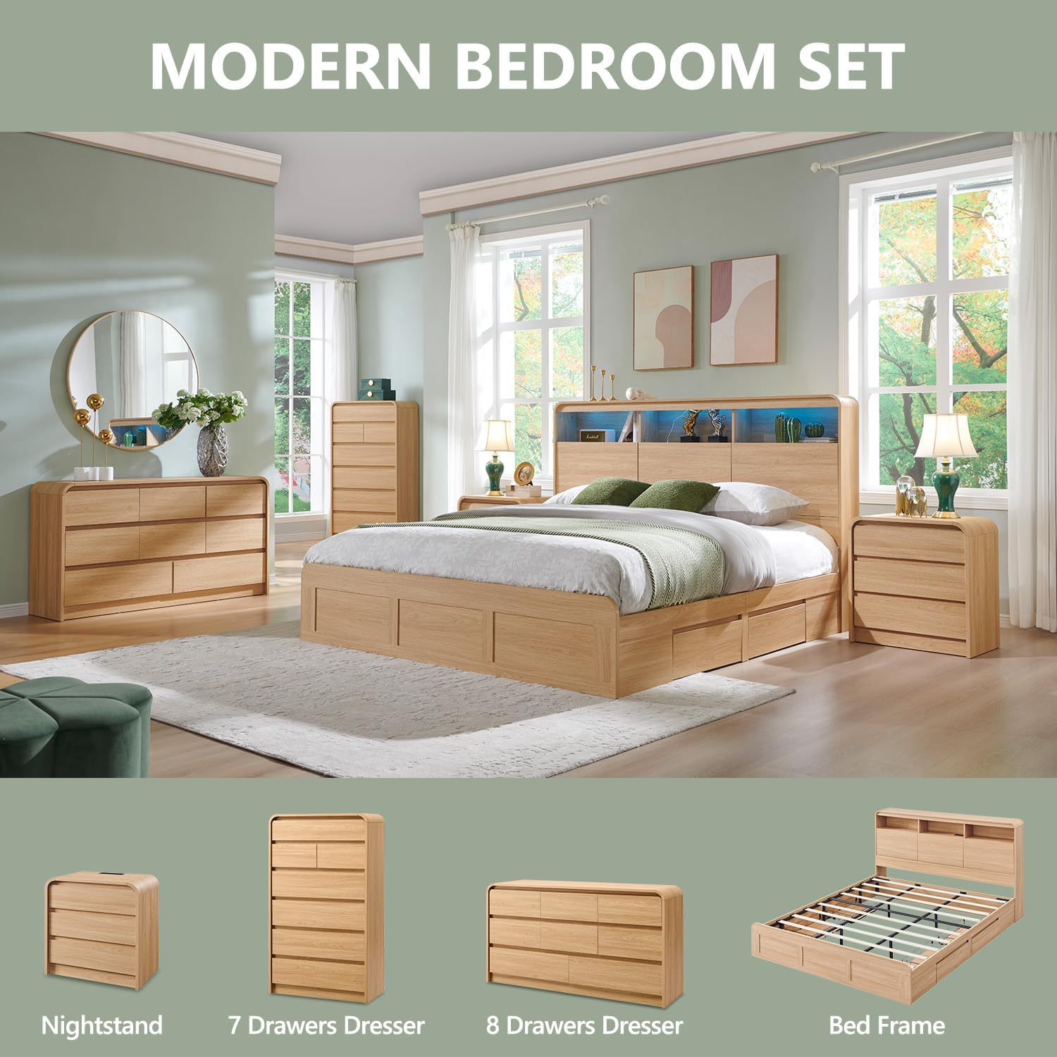 Aitjunz Modern 7 Drawers Dresser for Bedroom, 55' Tall Dressers & Chest of Drawers w/Curved Profile Design, Wood Mid Century Vertical Storage Dressers Organizer for Bedroom, Living Room, Natural Oak