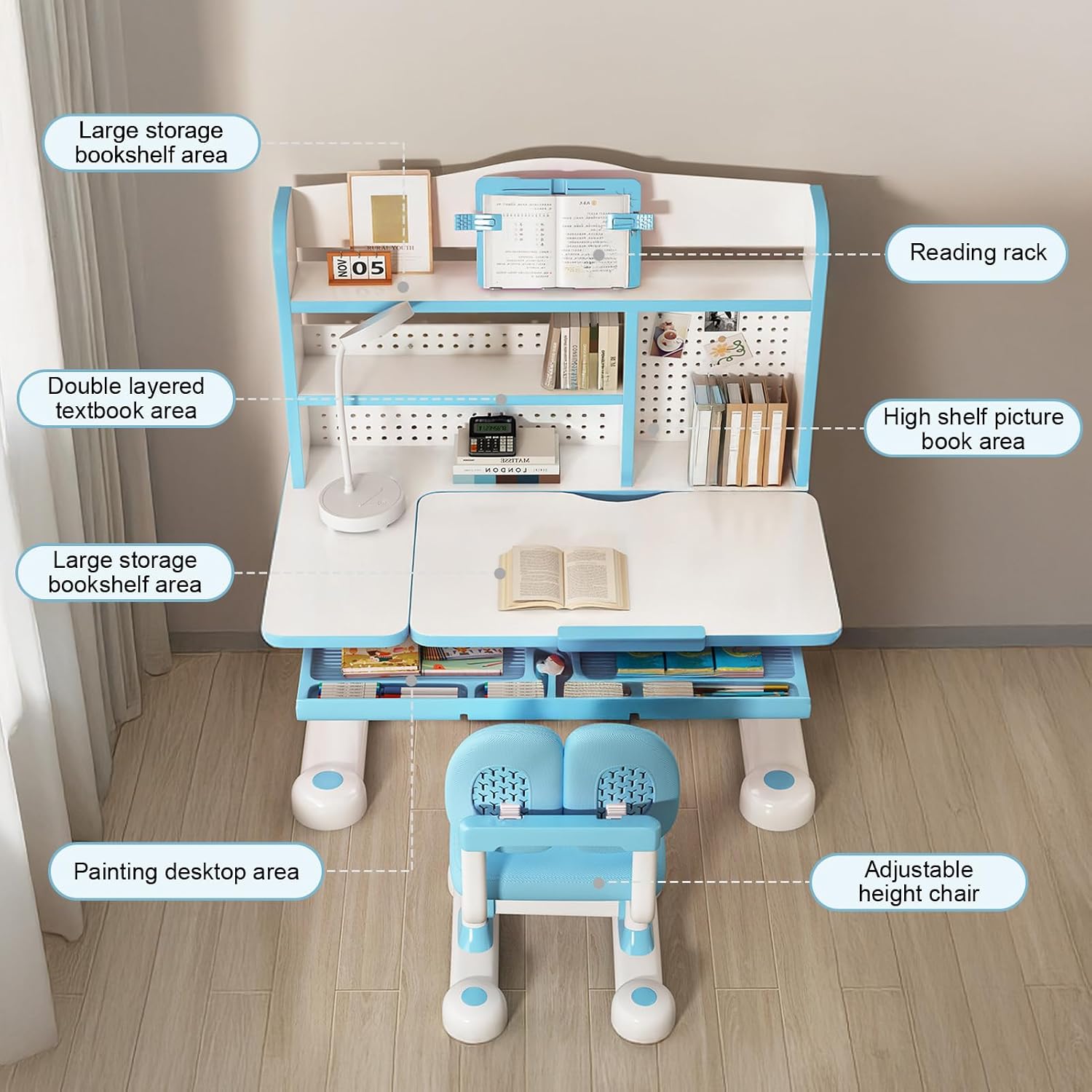 Kids Functional Desk and Chair Set – Ergonomic Height Adjustable Study Desk with One-Touch Tilting Desktop, Book Stand, Reading Rack & Storage Drawer for Children Boys & Girls (Blue)