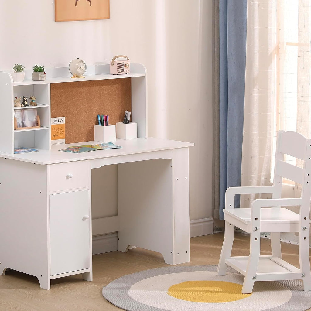 Garvee Kids Desk, Study Desk and Chair Set for Boys and Girl, Wooden Kids Writing Table with Bookshelf, Bulletin Board, Cabinet and Drawer for Ages 3-8, White