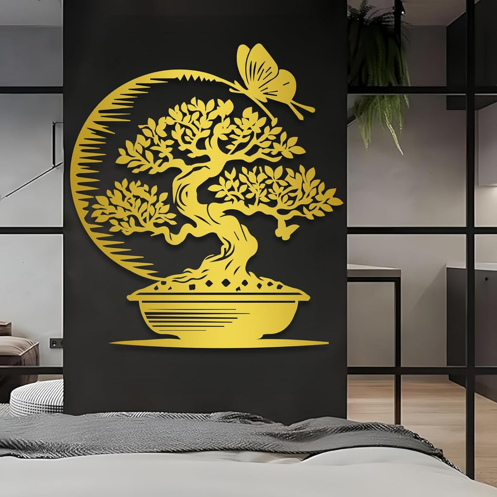 Maclou Japanese Metal Wall Art,Bonsai Tree Metal Wall Art,Asian Wall Decor for Bedroom,Living Room,Office (Gold,24' x 21' / 60 x 54 cm)