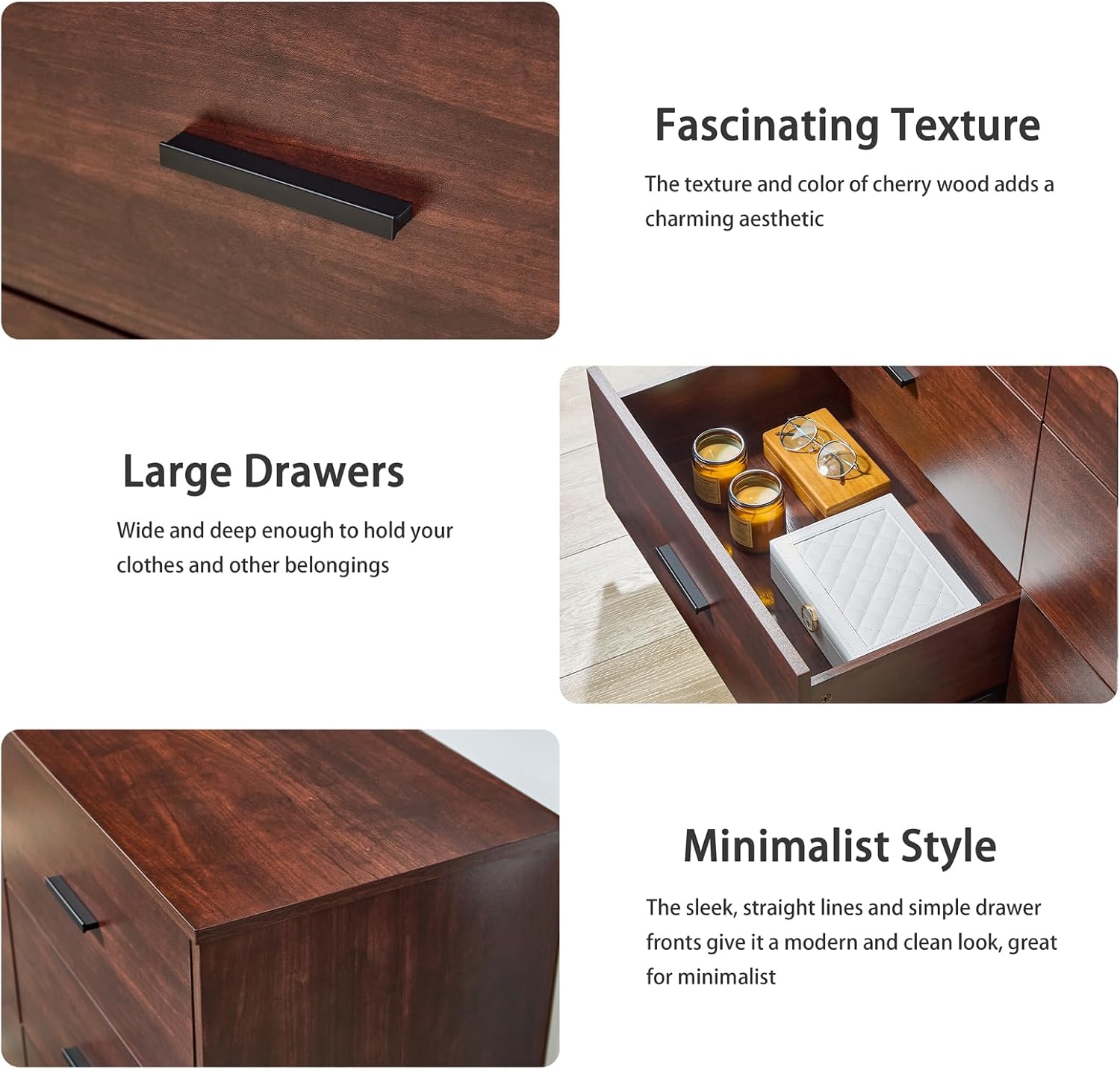 LIDYUK Dark Cherry Dresser for Bedroom, 6 Drawer Dressers & Chests of Drawers, Modern Wood Dresser, 48 Inches Wide Chest of Drawers for Bedroom, Hallway, Living Room