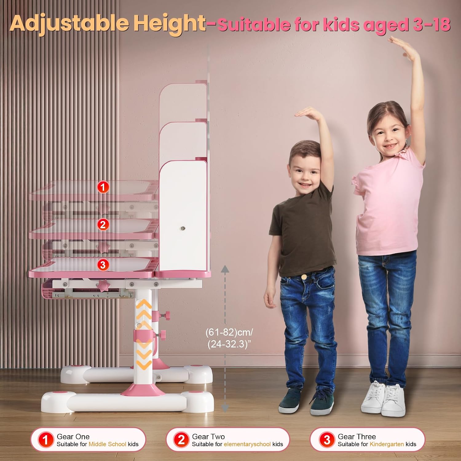 Kids Desk and Chair Set, Height Adjustable Study & Art Desk for Kids Ages 3-12, Easy Crank Adjustable Desk, 0-50° Tilting Desktop, Storage Drawer, Bookshelf, Ergonomic Chair (Pink)