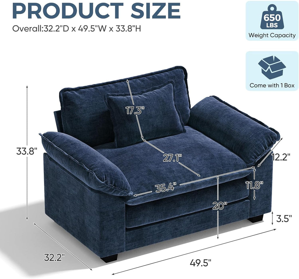 HUSFU 49.5'' W Oversized Accent Chair, Chenille Cloud Sofa Chair with Deep Seat and Extra Wide Armrests, Comfy Reading Armchair for Bedroom, Living Room, Set of 2, Blue