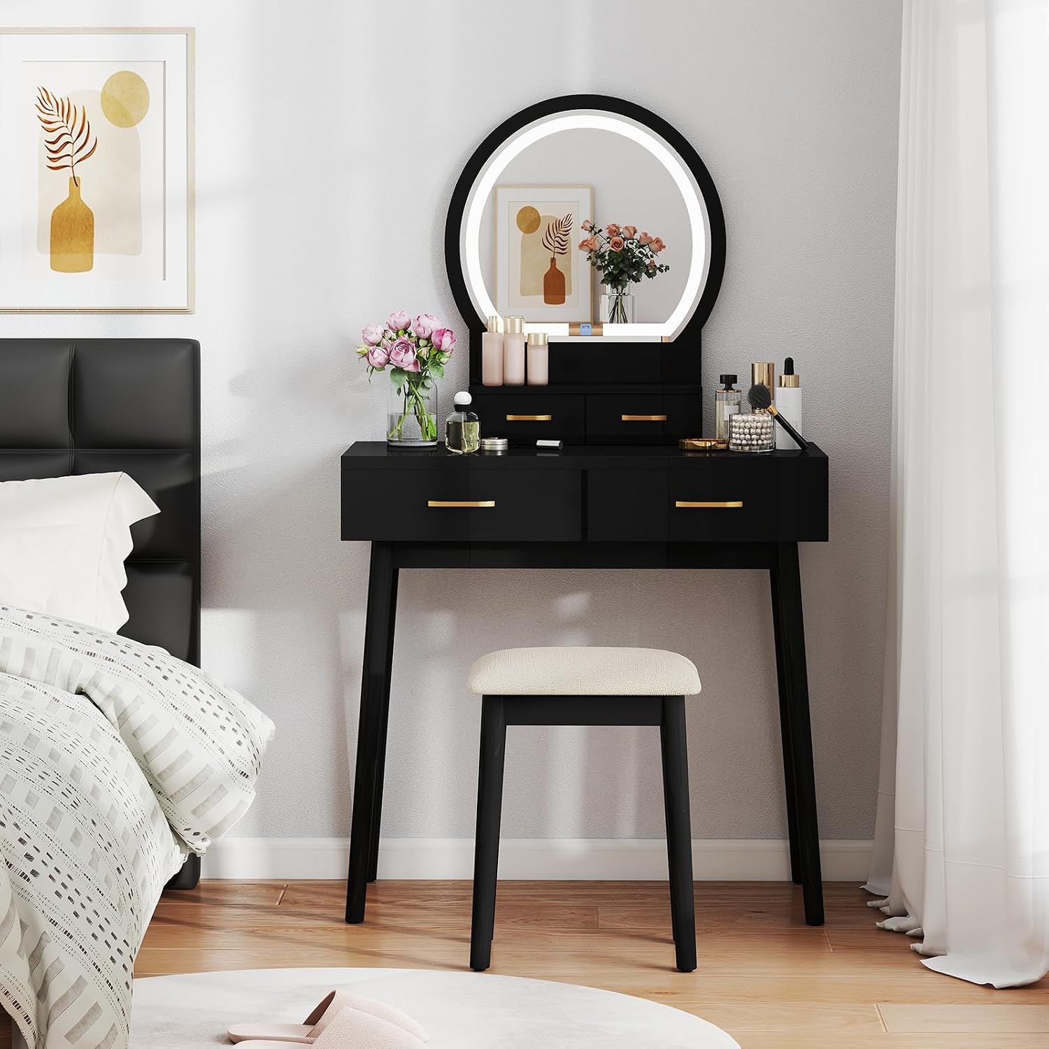 CHARMAID Vanity Desk with Mirror and Lights, Modern Makeup Vanity Table with 4 Drawers, 3-Color Dimmable LED Mirror, Girls Dressing Table and Stool Set for Small Bedroom (Black)