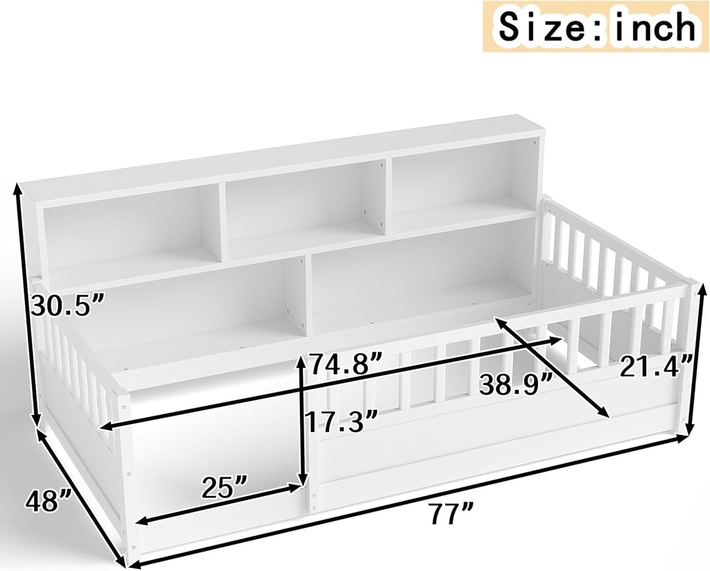 JIJIWANG Twin Size Floor Bed for Kids, Wooden Montessori Bed Frame with Bookcase, Storage Shelves & Safety Fence Rails, Floor Beds Full for Girls, Boys, No Box Spring Needed, Without Slats, White