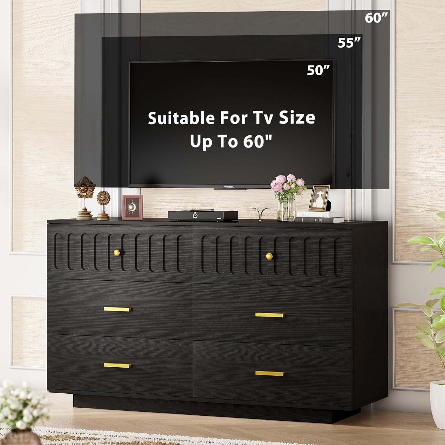 IBF Fluted Dresser with 6 Drawers for Bedroom, Large Wooden Chest of Drawers with Anti-Tipping Design for Men,Women, 54' Wide Modern Cloth Storage Dressers for Nursery,Closet,Living Room, Black Oak