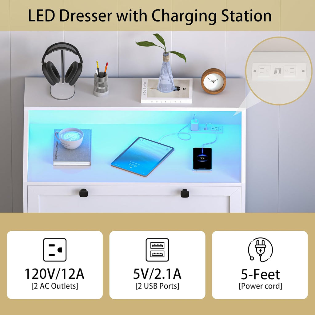 Wodeer White Dresser Tall 5 Drawer Dresser for Bedroom, Wood Chest of Drawers with LED Lights, Charging Station, Metal Handles, Modern Storage Cabinet and Organizer Drawers for Living Room, Hallway