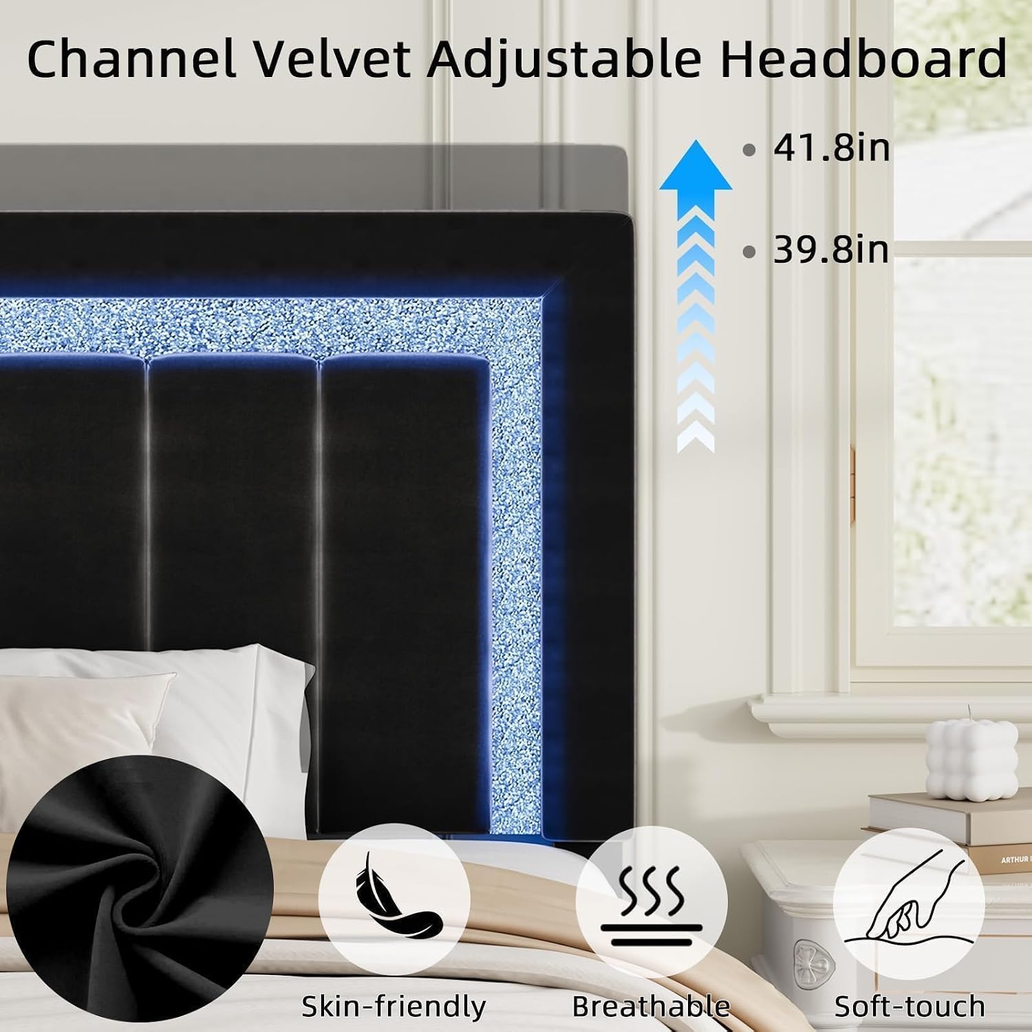 Queen Size Bed Frame with LED Lights and Velvet Upholstered Adjustable Headboard, Bed Frame Queen Size with Diamond Headboard & Footboard, Wooden Slats Support, Noise Free, No Box Spring Needed, Black