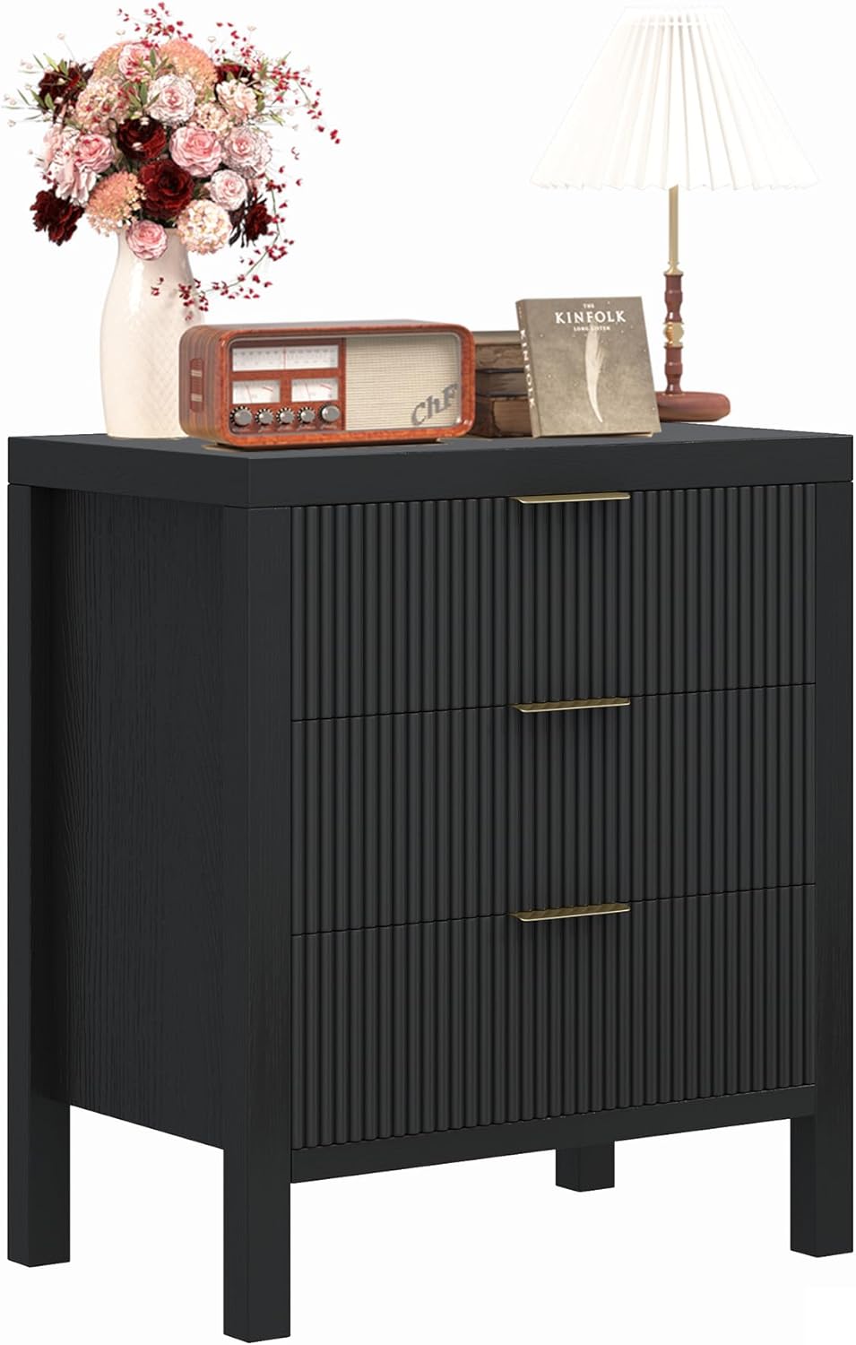 Nightstand with 3 Drawers, Dresser and Nightstand Sets, Bedside Tables, Mid Century Nightstands with 3 Wide Drawers for Bedroom, Kids' Room, Hallway - Black