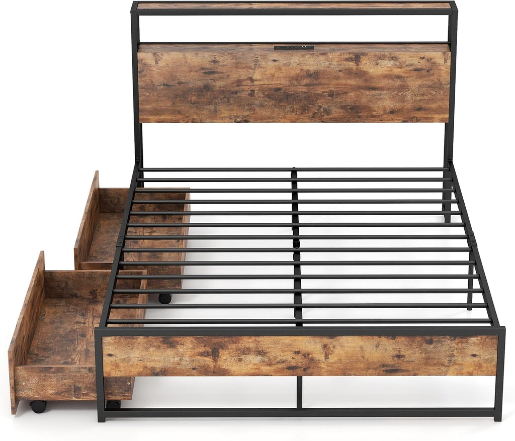 Giantex Full Bed Frame with 2 Storage Drawers and Charging Station, Industrial Platform Bed Frame with 2-Tier Storage Headboard, Rustic Metal Slats Support Mattress Foundation, No Box Spring Needed