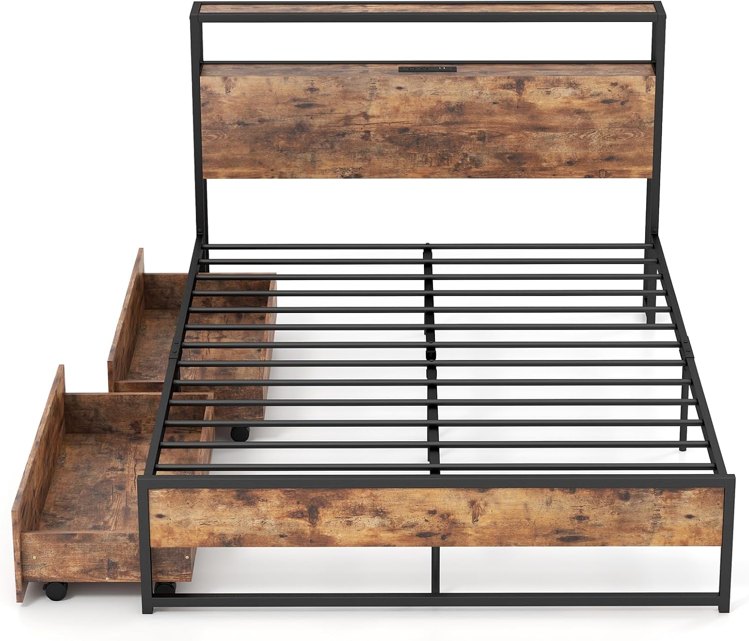 Giantex Full Bed Frame with 2 Storage Drawers and Charging Station, Industrial Platform Bed Frame with 2-Tier Storage Headboard, Rustic Metal Slats Support Mattress Foundation, No Box Spring Needed