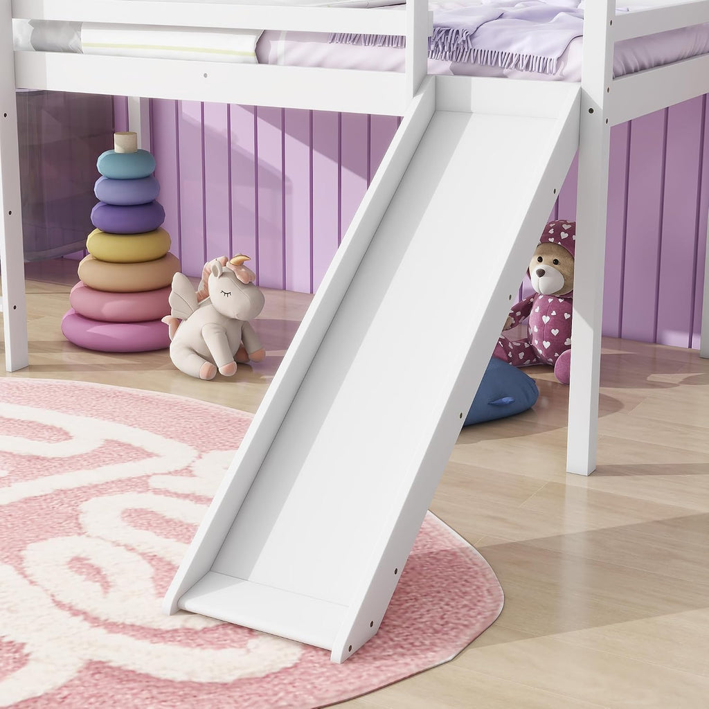 JIVOIT Twin Size Low Loft Bed with Slide and Ladder, Rubber Wood Twin Loft Bed with Under Bed Storage Space, Wood Slats Support, No Box Spring Needed (White/407)