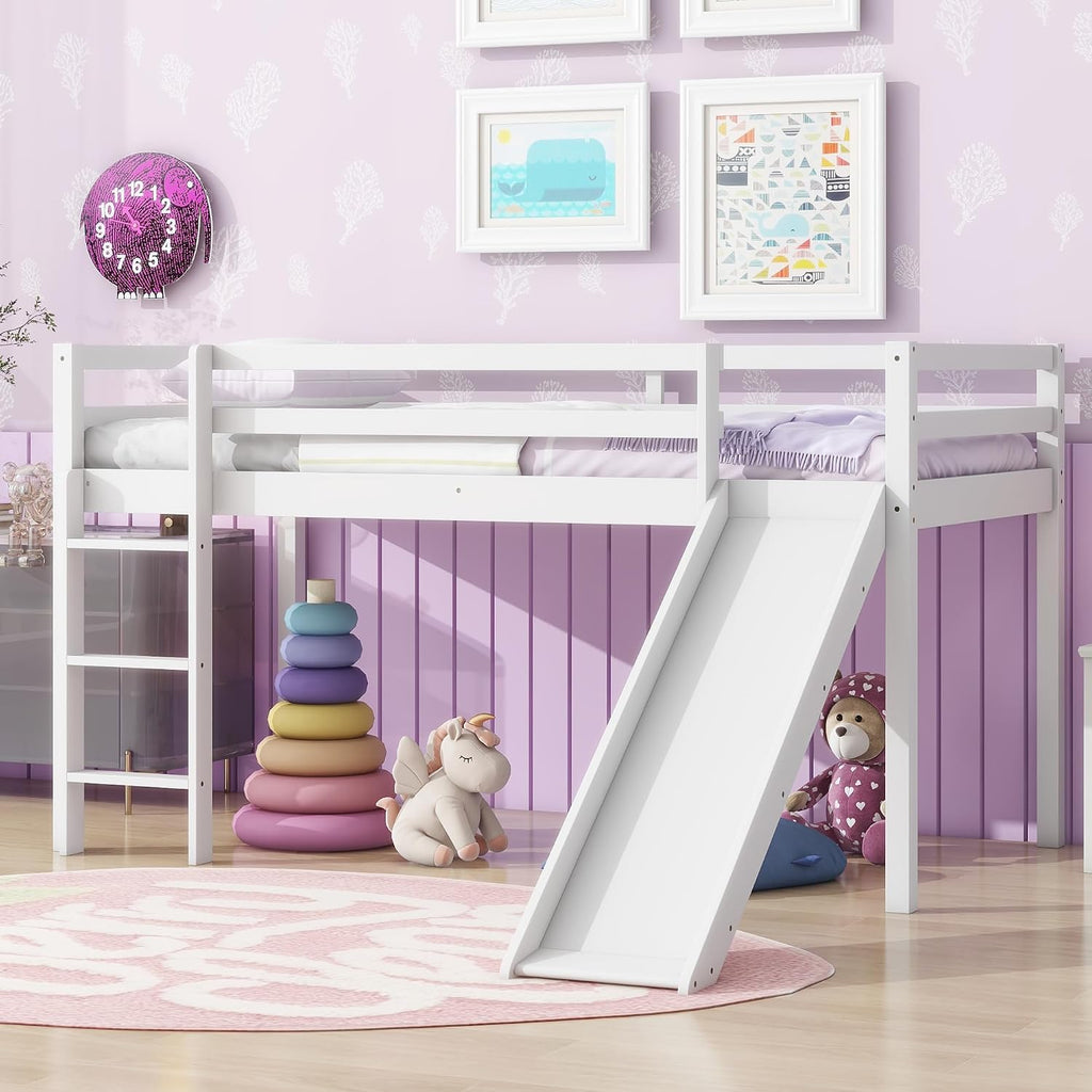 JIVOIT Twin Size Low Loft Bed with Slide and Ladder, Rubber Wood Twin Loft Bed with Under Bed Storage Space, Wood Slats Support, No Box Spring Needed (White/407)