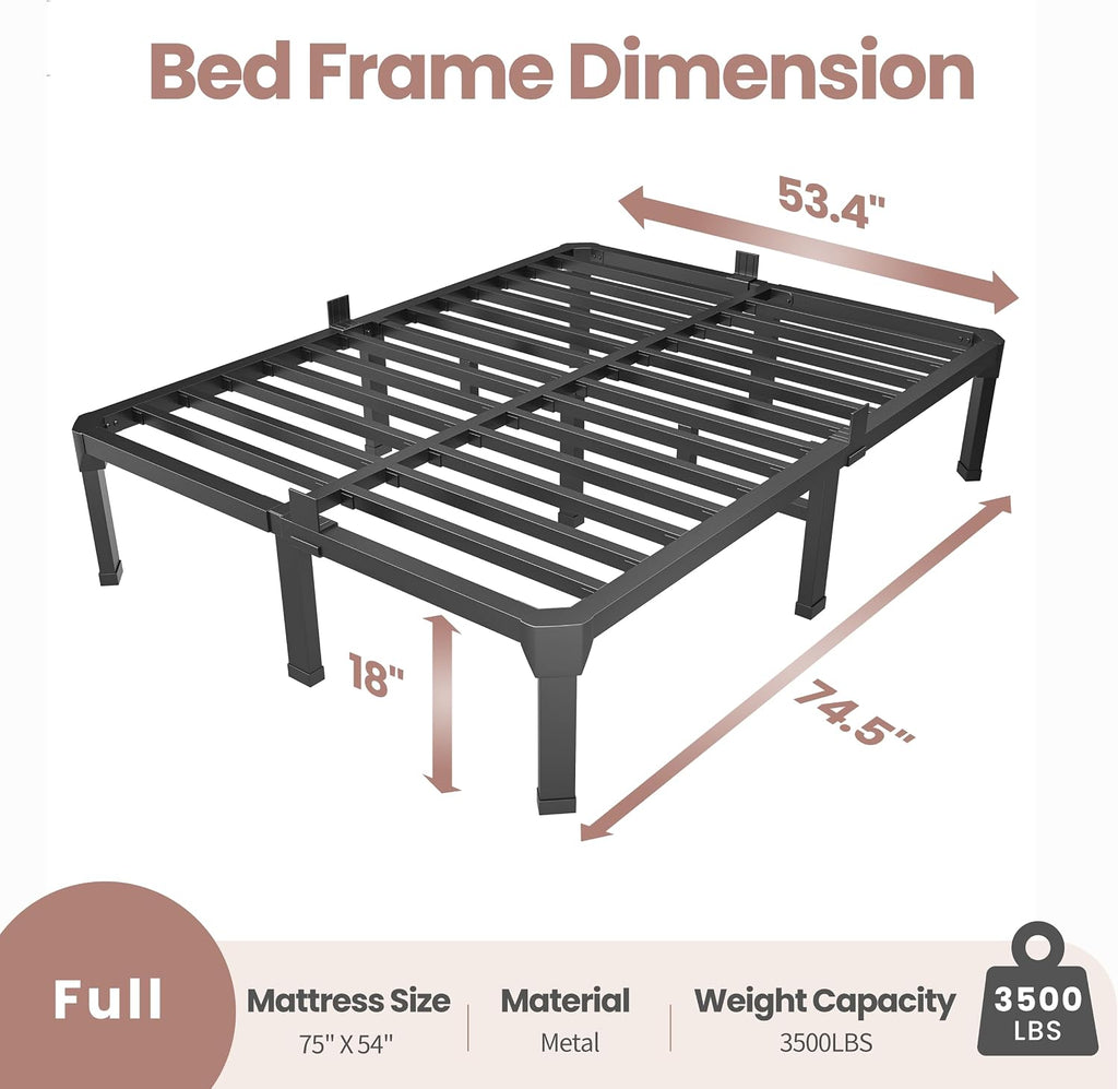 ROIL 18 Inch Full Size Bed Frame with Mattress Slide Stopper - Double Black Basic Anti Squeak Steel Slats Metal Platform, Heavy Duty Noise Free Easy Assembly Bedframes, No Box Spring Needed
