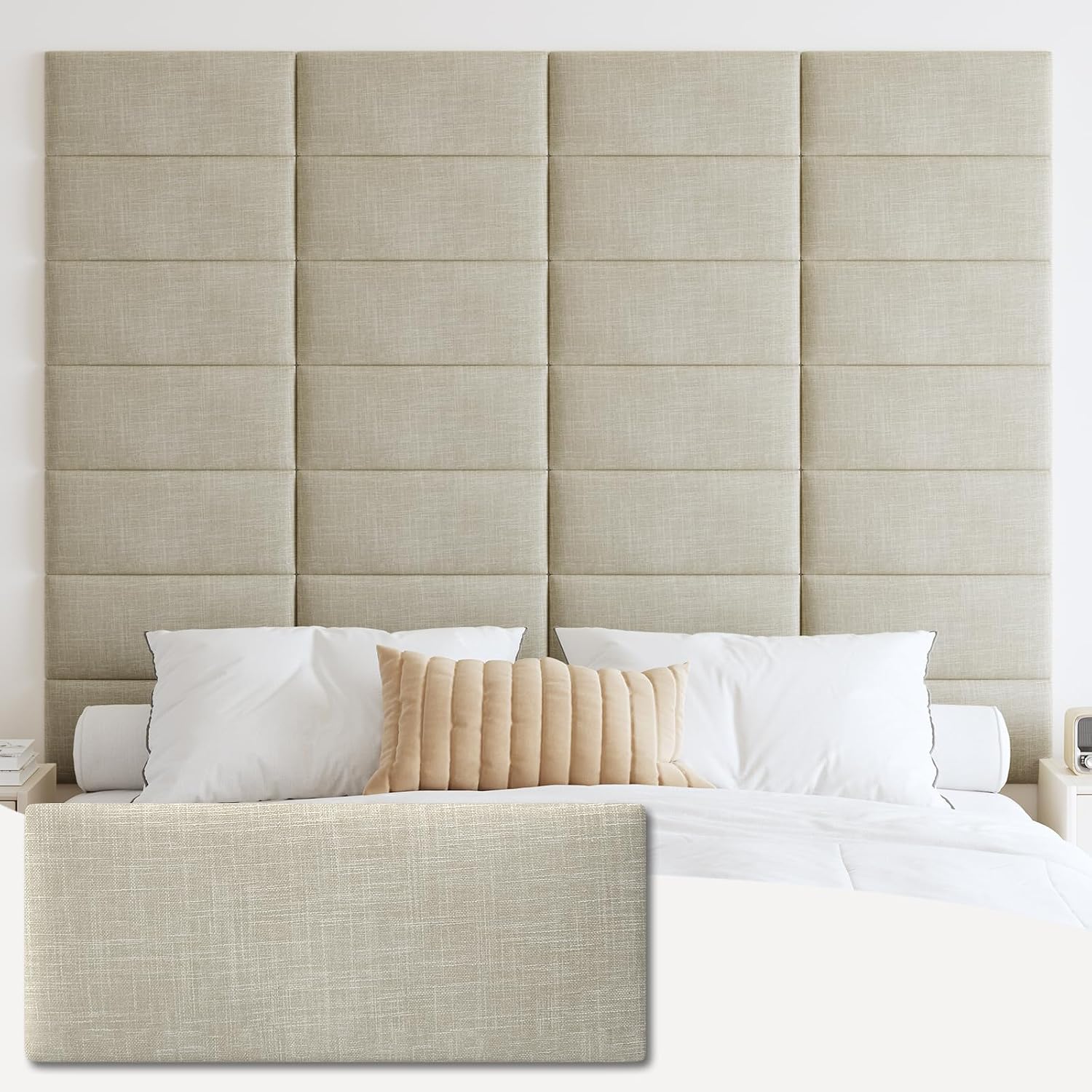 IFNOW Upholstered Wall Mounted Headboard, 3D Soundproof Wall Panels Peel and Stick, Reusable and Removable Tufted Bed Headboard in Beige (12 Panels, 10' x 24')