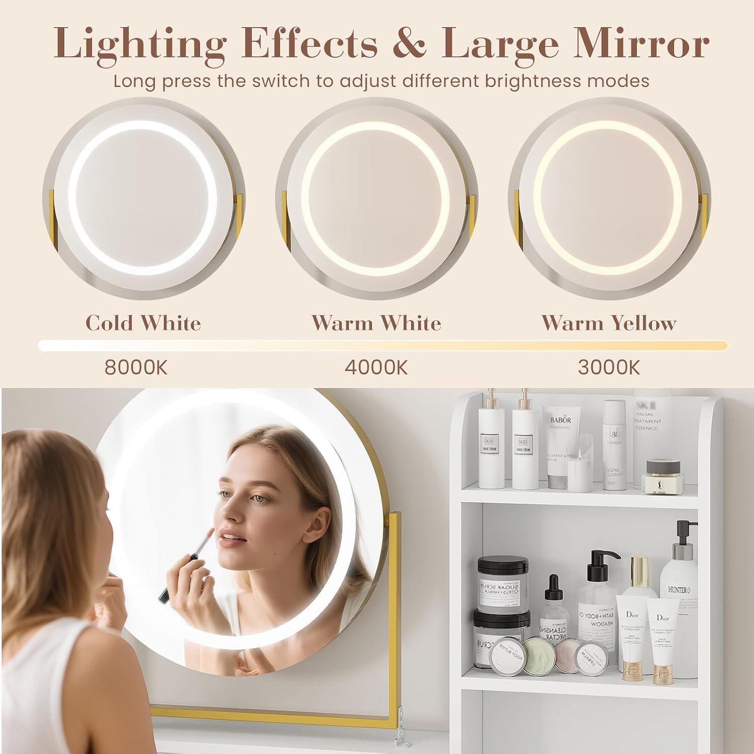 Vanity Desk with Mirror and Light, Makeup Vanity Desk with Rotating Mirror, 3 Colors Adjustable Light, Wood Vanity with 2 Drawers, Stool, Power Outlet, Vanity Set for Bedroom/Dressing Room, Gold