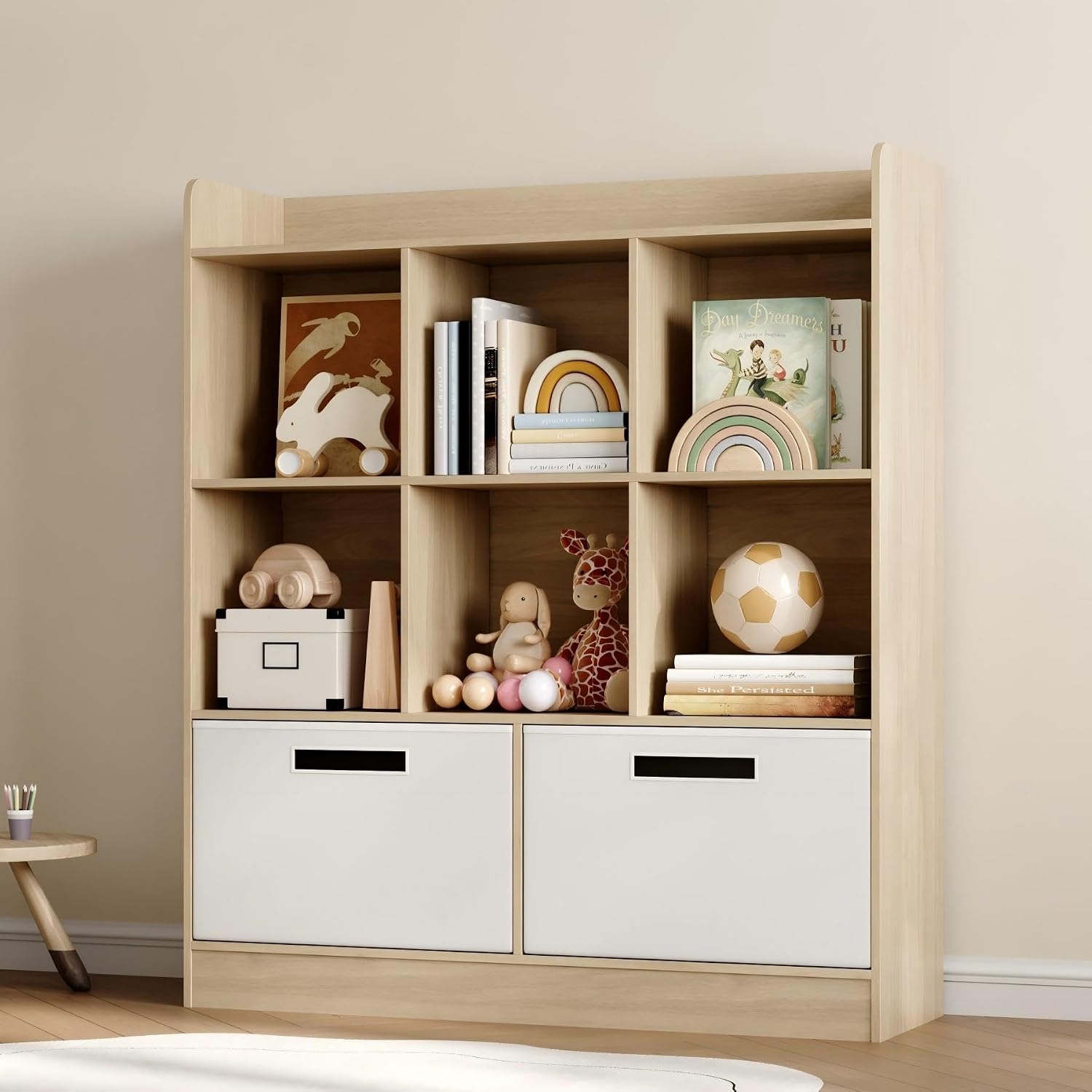 Housoul Kid Bookshelf with 2 Fabric Drawers, Toy Storage Organizer, Natural | 8 Cubes Freestanding Book Shelves, 3-Tier Open Shelf Bookcase, Kids Bookcase Cubby Storage Organizer for Living Room, Office
