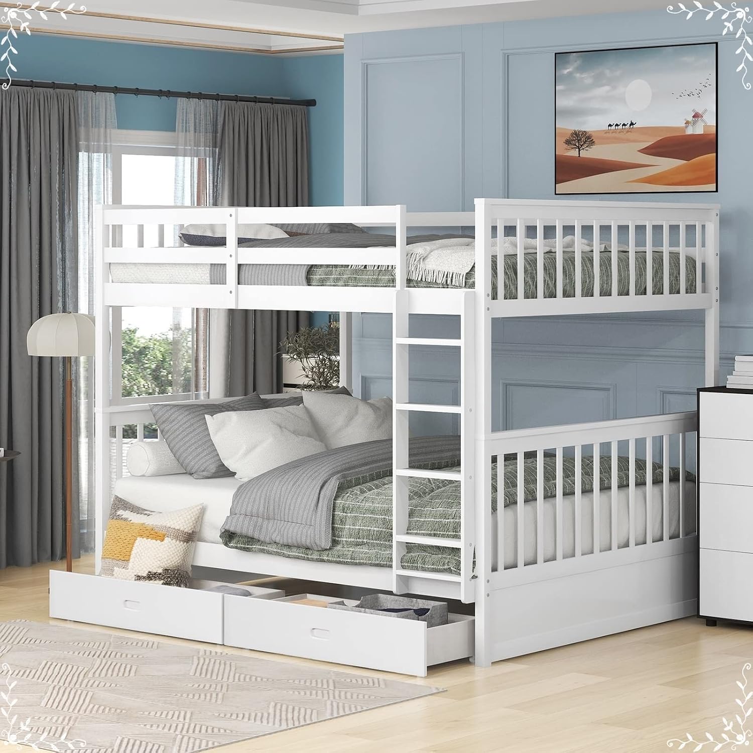 Short Bunk Bed, Full Bed with Drawers White Full Over Full with 2 Drawers Ladder and Rail Guard Solid Wood Slats for Boys and Girls Bedroom