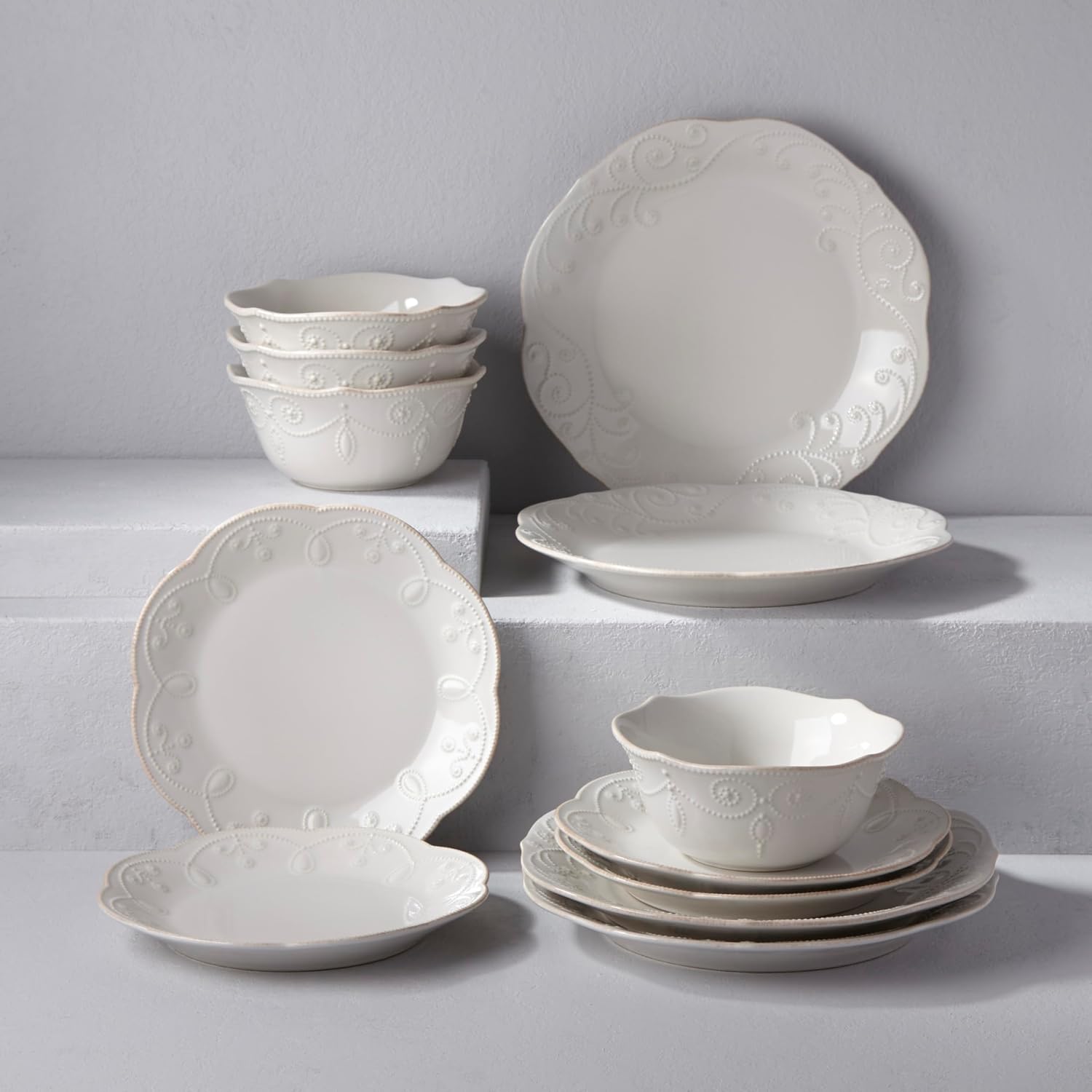 Lenox Dinnerware Set, French Perle White 12-Piece Set, Service For 4, Stoneware Material, Dishwasher Safe, Microwave Safe, Plates, Bowls, Home & Kitchen, Plates And Bowls Sets (White, 12 Piece)