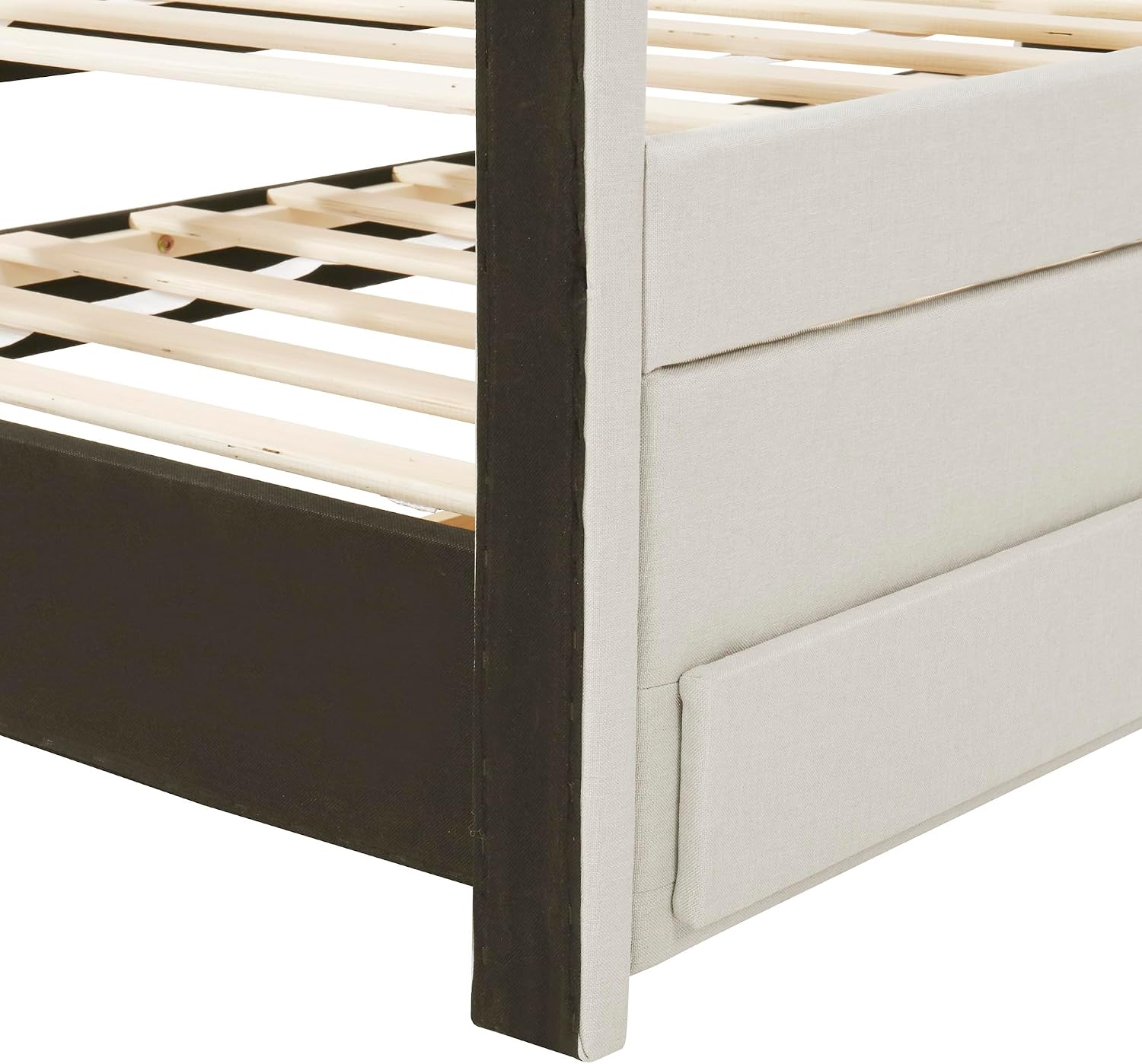 VilroCaz Twin Size Upholstered Platform Bed with Trundle and 3 Drawers, Linen Fabric Platform Bed Frame with Stripe Headboard, No Box Spring Needed, Space Savings (Beige+Li)