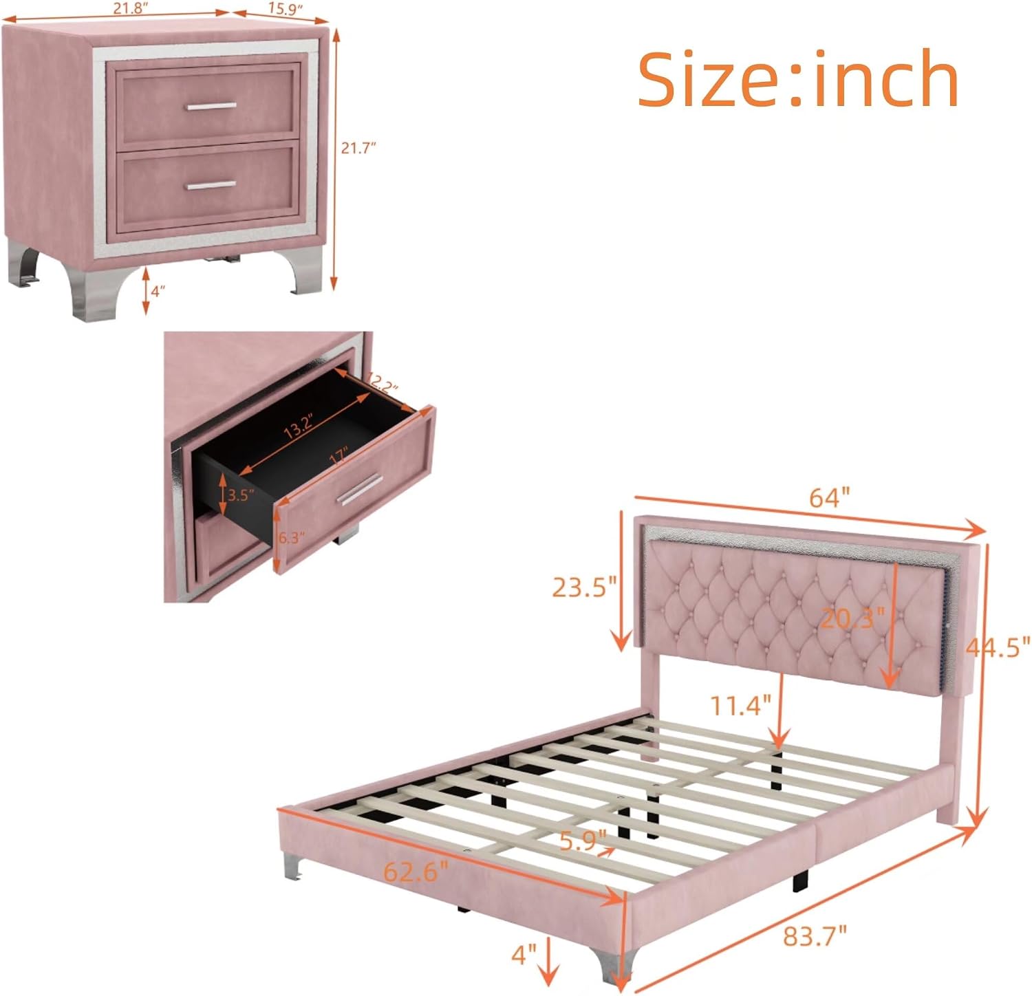 JIJIWANG 3-Pieces Bedroom Sets,Queen Size Upholstered Platform Bed with LED Lights and Two Nightstands for Bedroom,No Box Spring Needed/Easy Assembly (Pink,3-Pieces Queen)